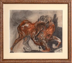 Cheval sauvage, dessin encadré à l'encre et au pastel