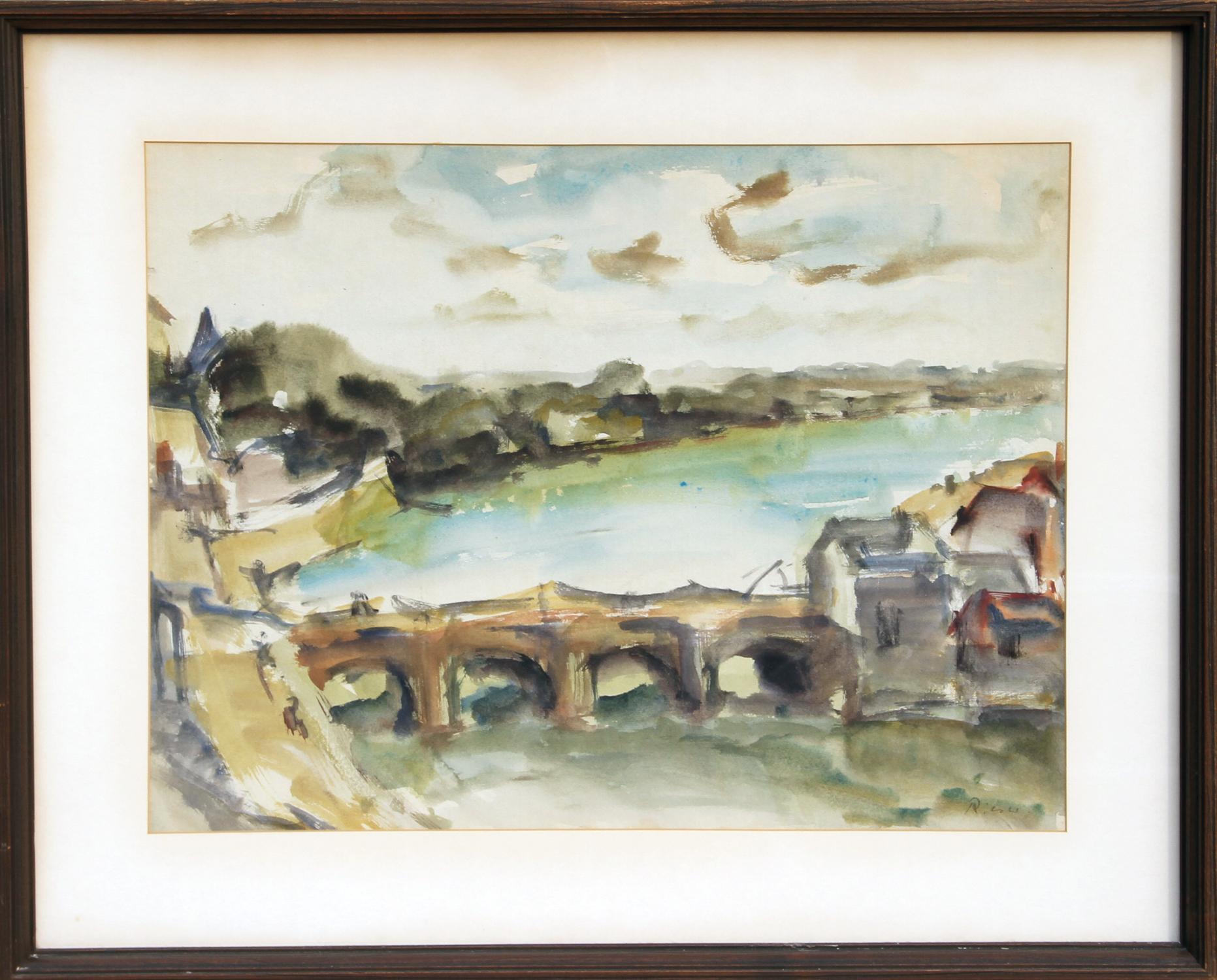 Paisaje suizo con puente, Paisaje en acuarela de Willy Rieser