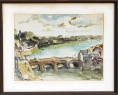 Paesaggio svizzero con ponte, paesaggio ad acquerello di Willy Rieser
