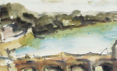 Swiss Landscape with Bridge, Impressionist Watercolor Landscape by Willy Rieser