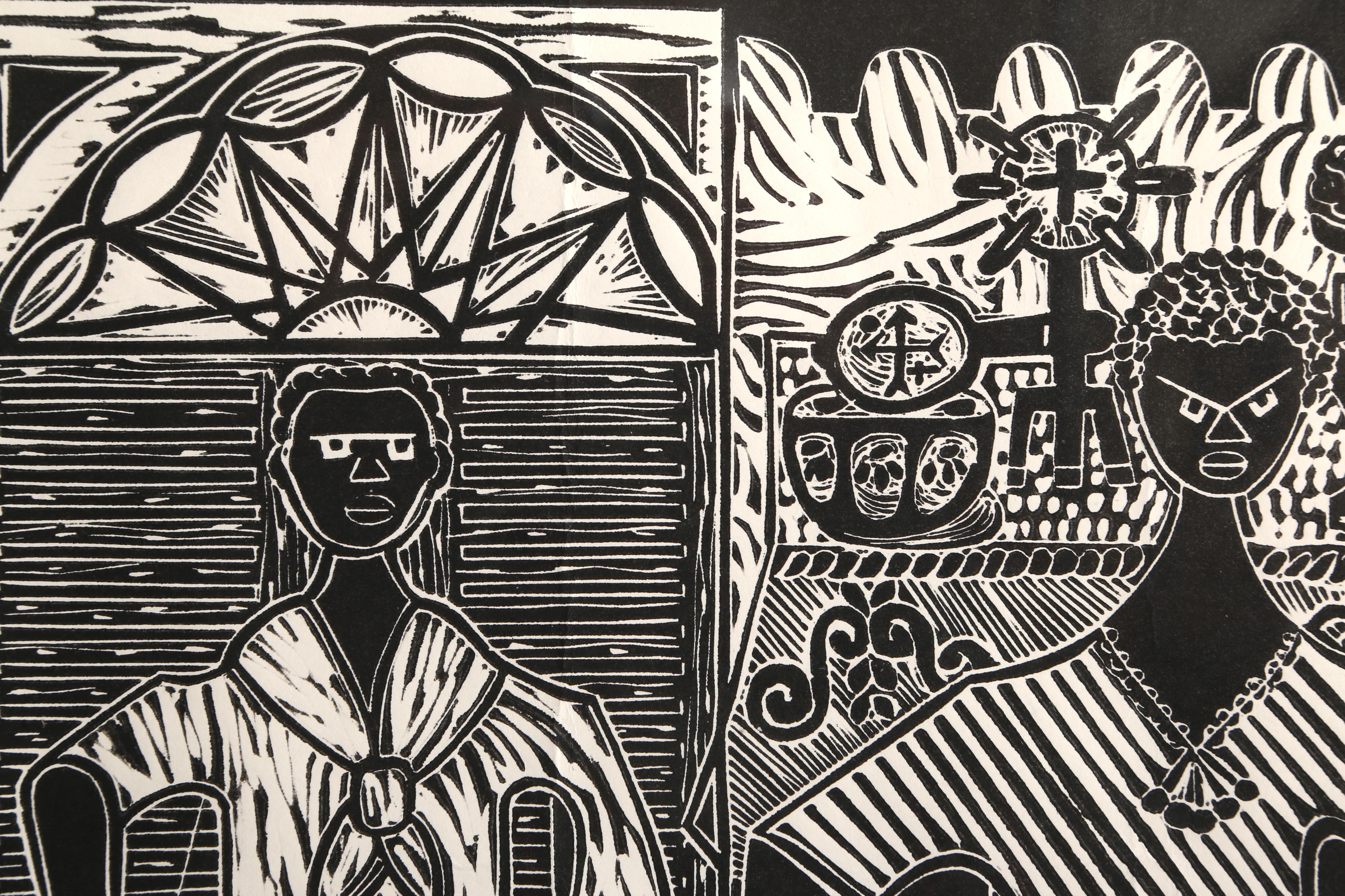 Tres Musicos, Folk Art Engraving by Viredo Espinsoa - Print by Viredo Espinsoa 