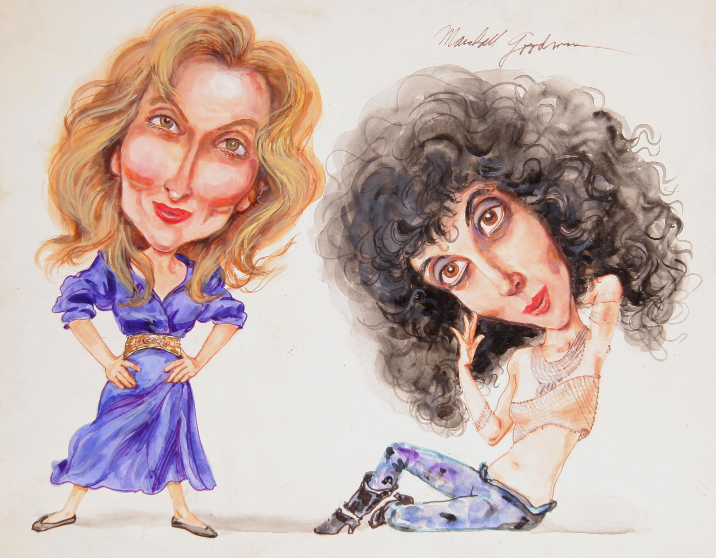 Meryl Streep & Cher, Caricature Drawing by Marshall Goodman