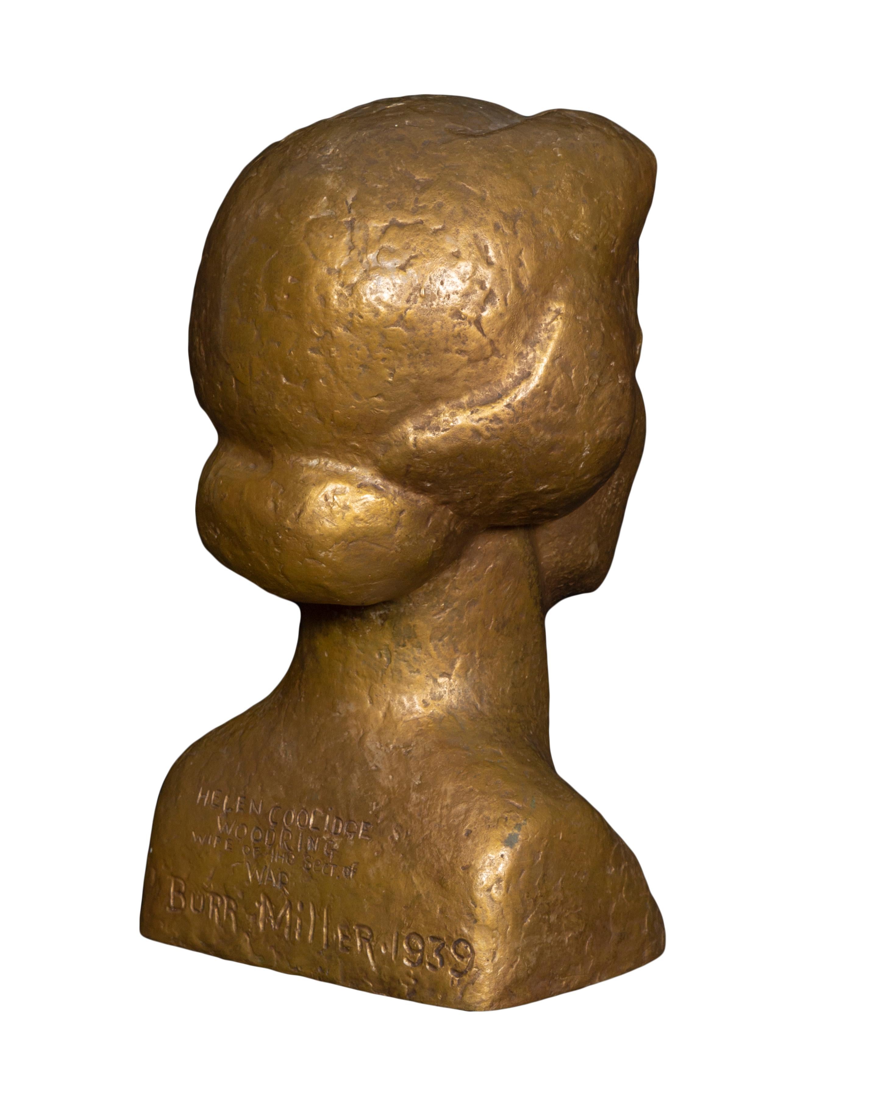 Bronzebüste von Helen Coolidge, Holzarbeiterin, 1939, Art déco (Gold), Figurative Sculpture, von Burr Miller