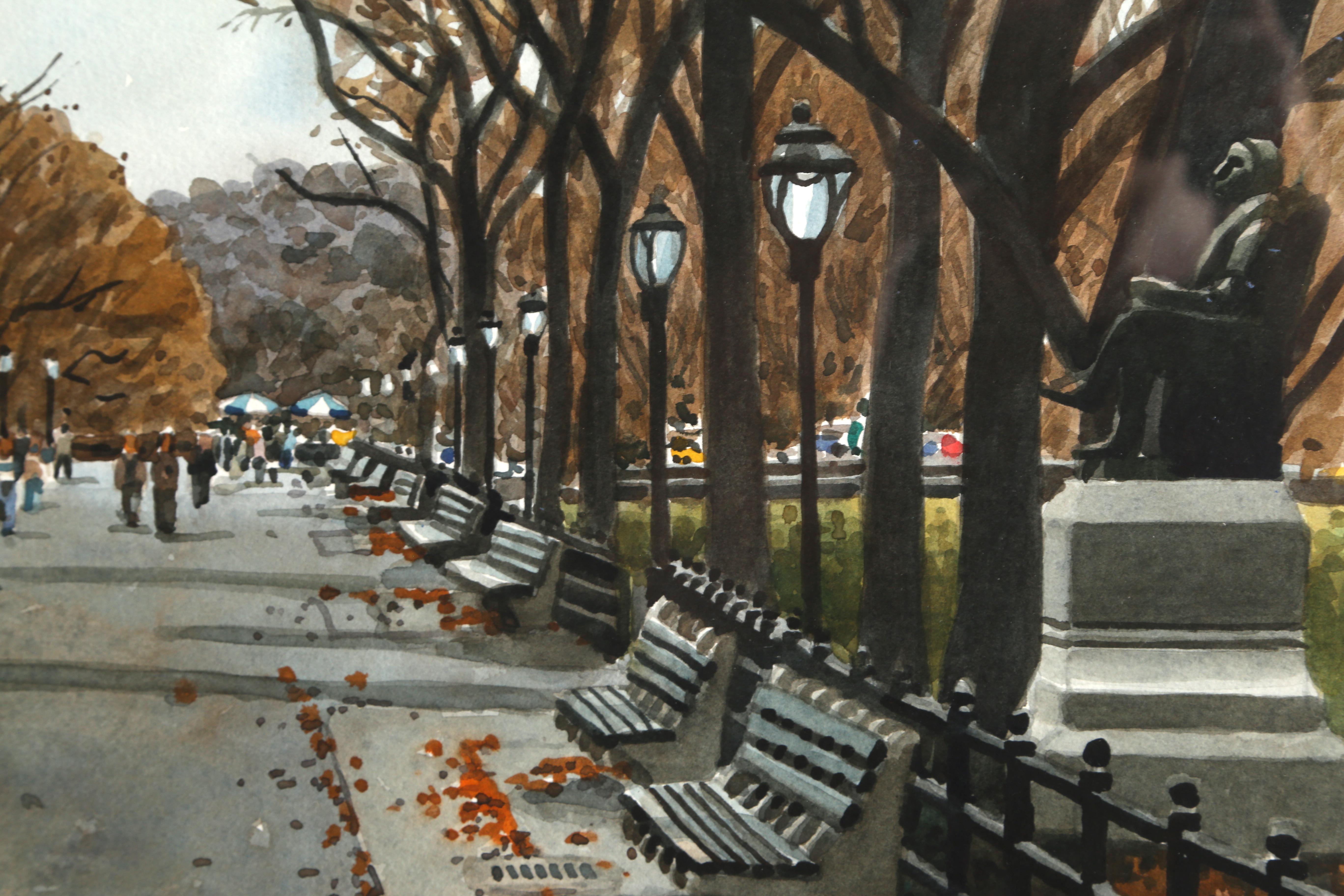 Central Park im Herbst, gerahmte fotorealistische Aquarellmalerei – Art von Unknown