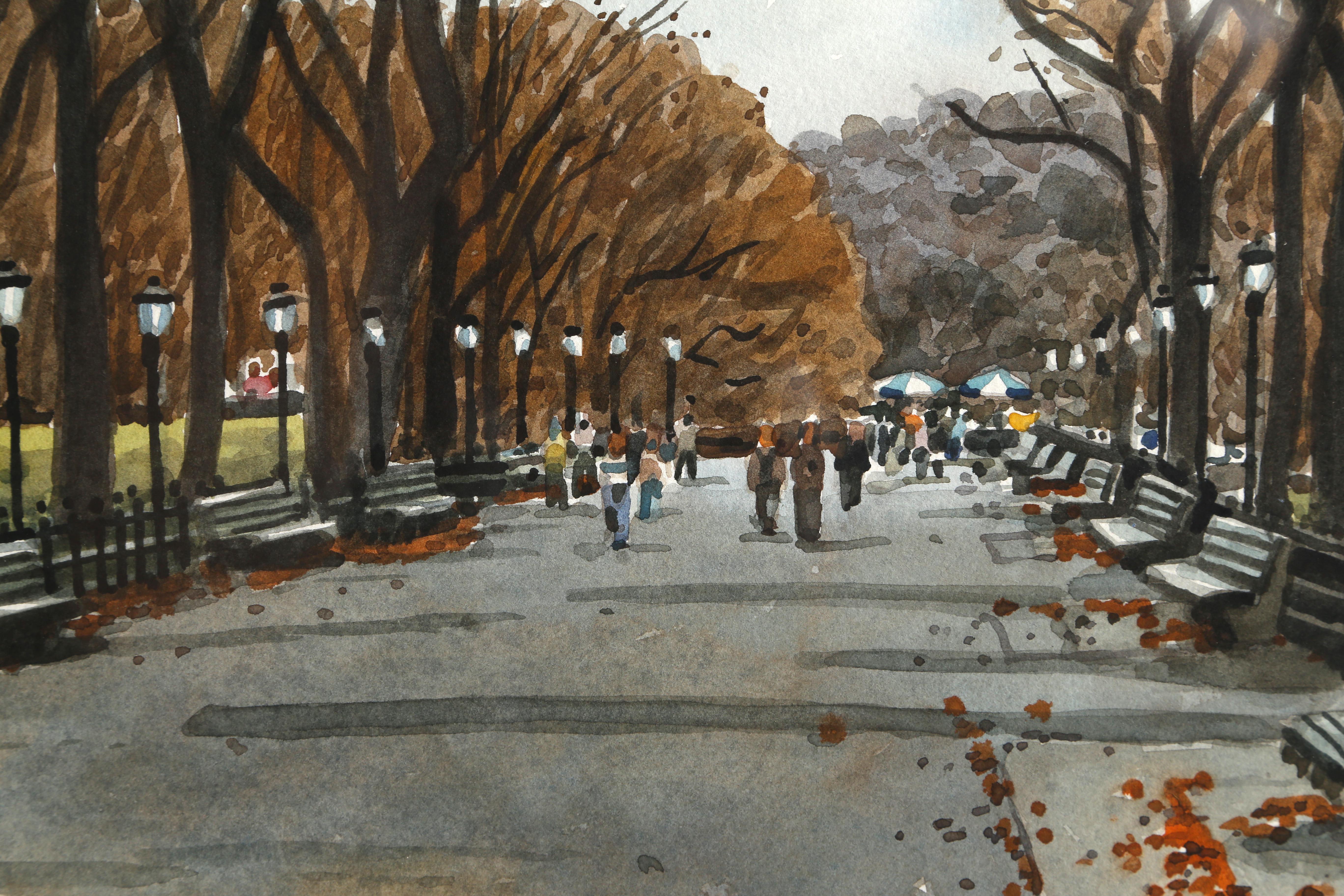 Central Park en automne, peinture aquarelle photoréaliste encadrée - Modernisme américain Art par Unknown