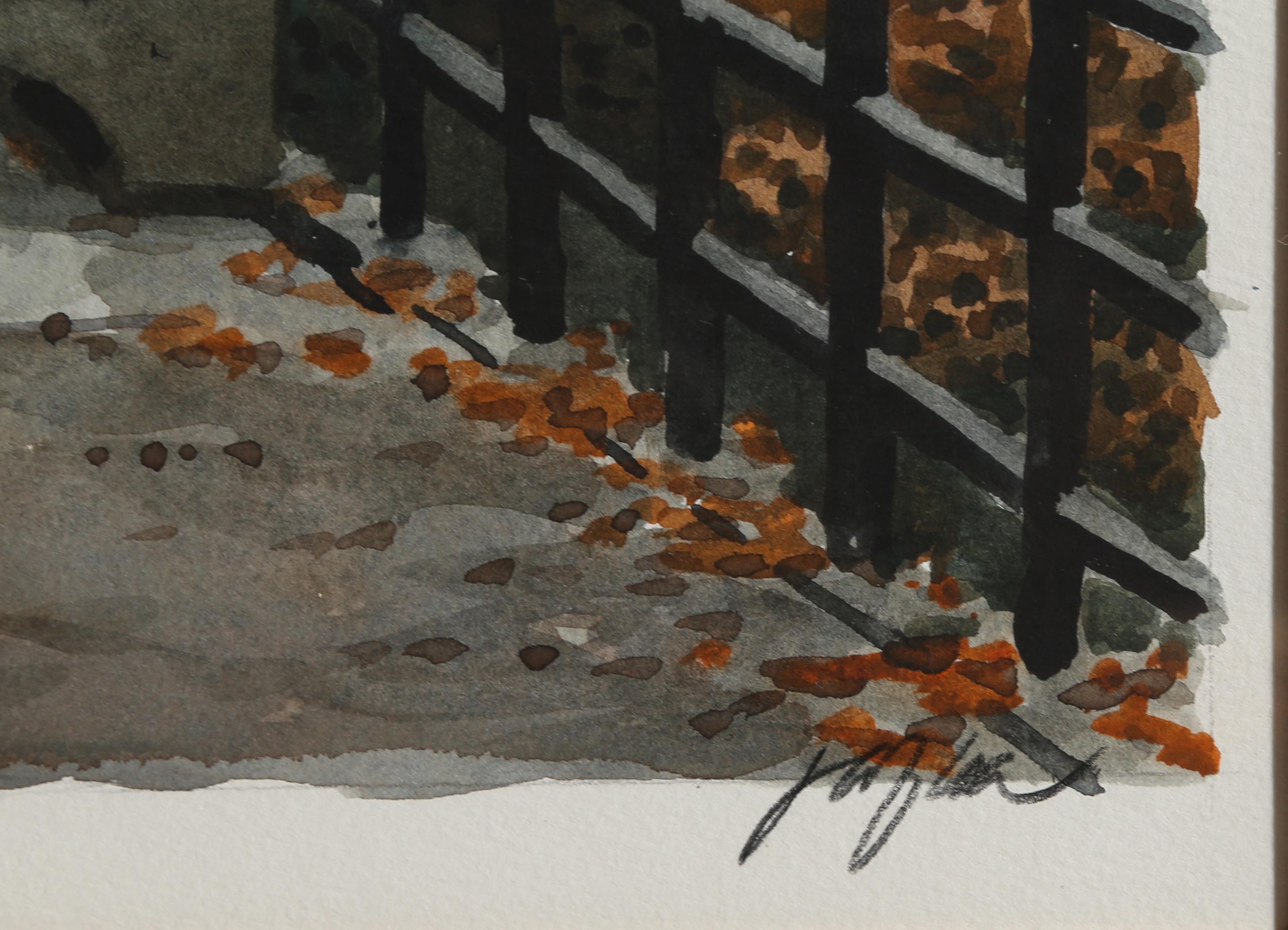 Central Park en automne, peinture aquarelle photoréaliste encadrée - Beige Landscape Art par Unknown