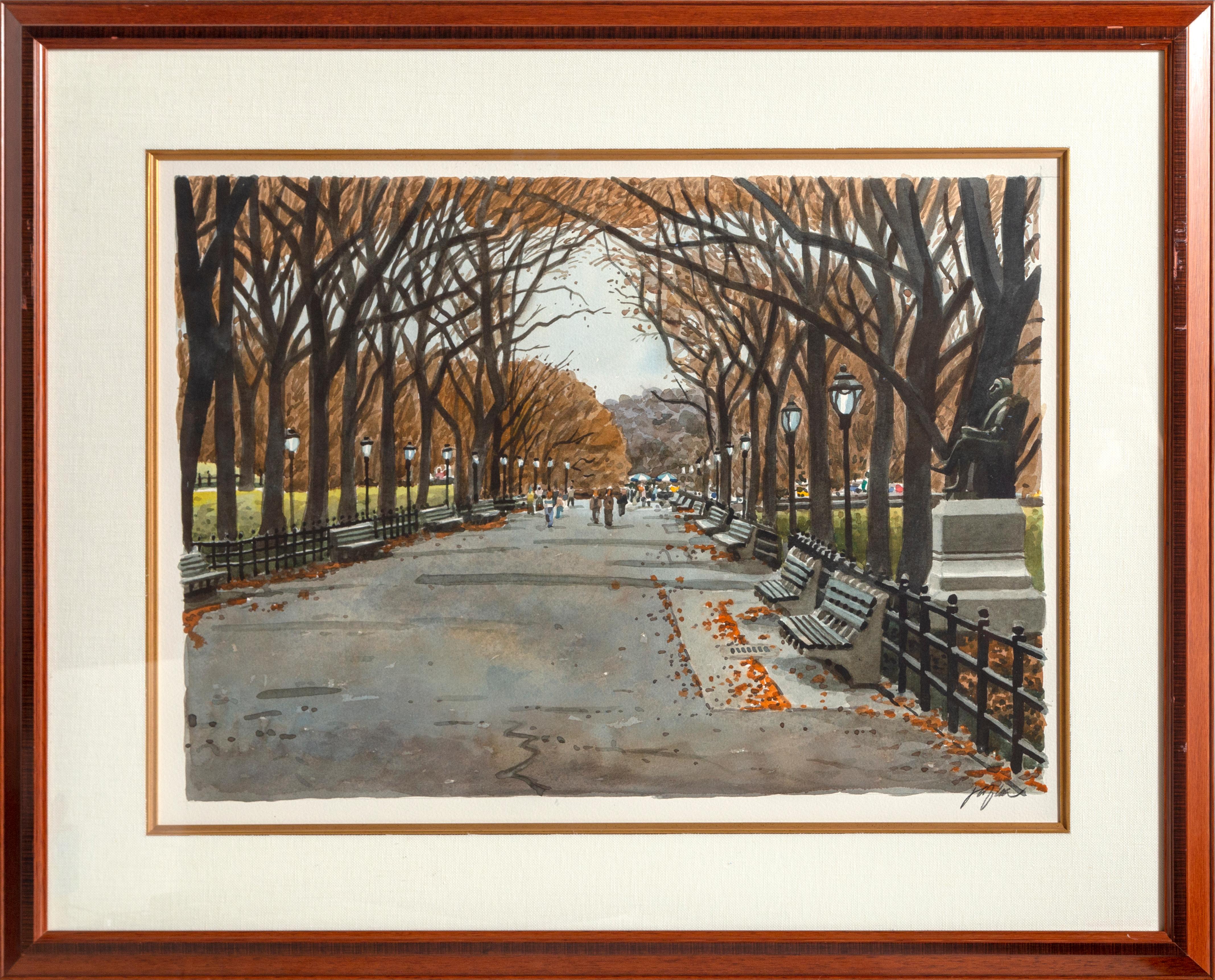 Unknown Landscape Art - Central Park in Fall, Framed Photorealist Watercolor Painting
