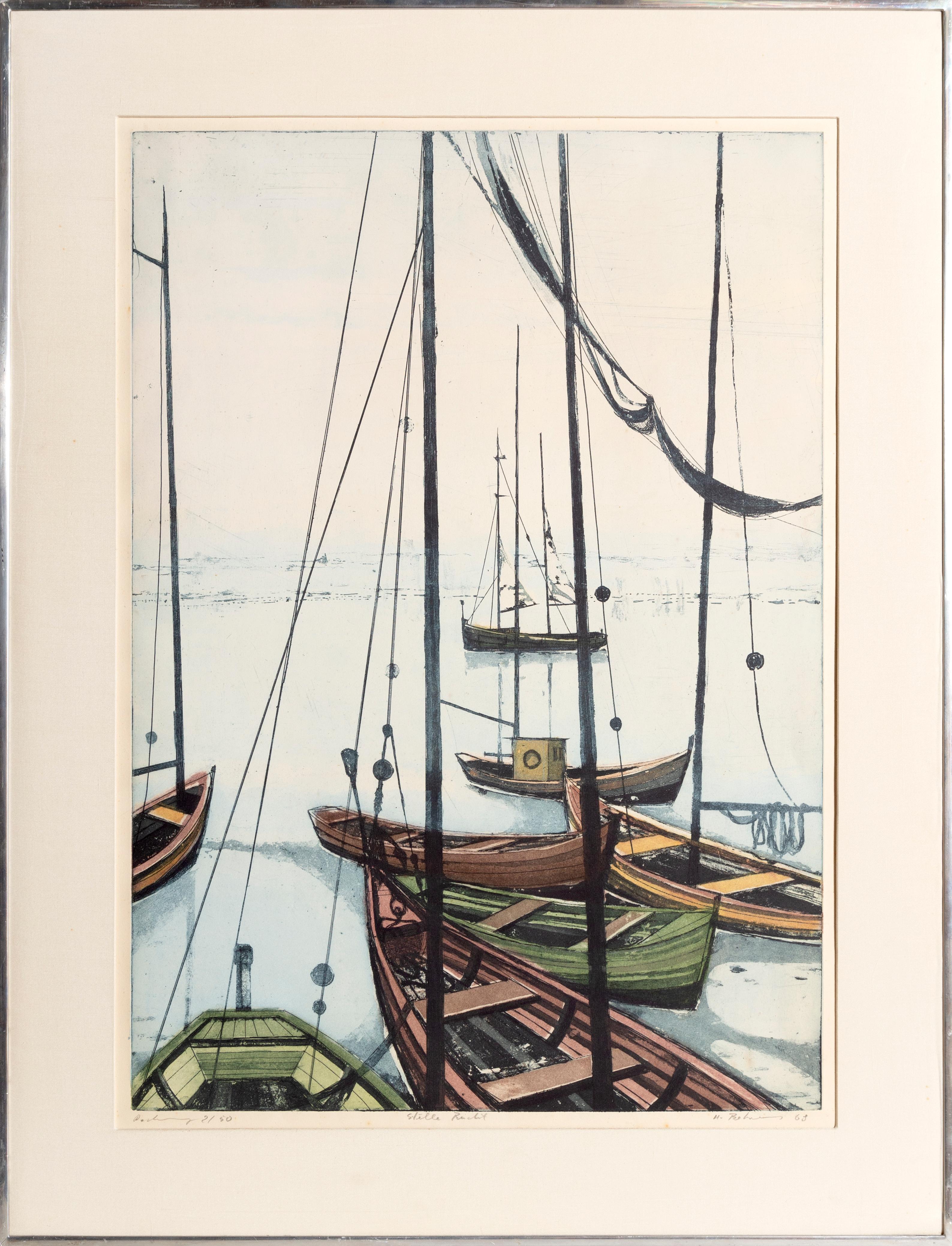 Quiet Marina, Aquatint Etching by Hans Behrens