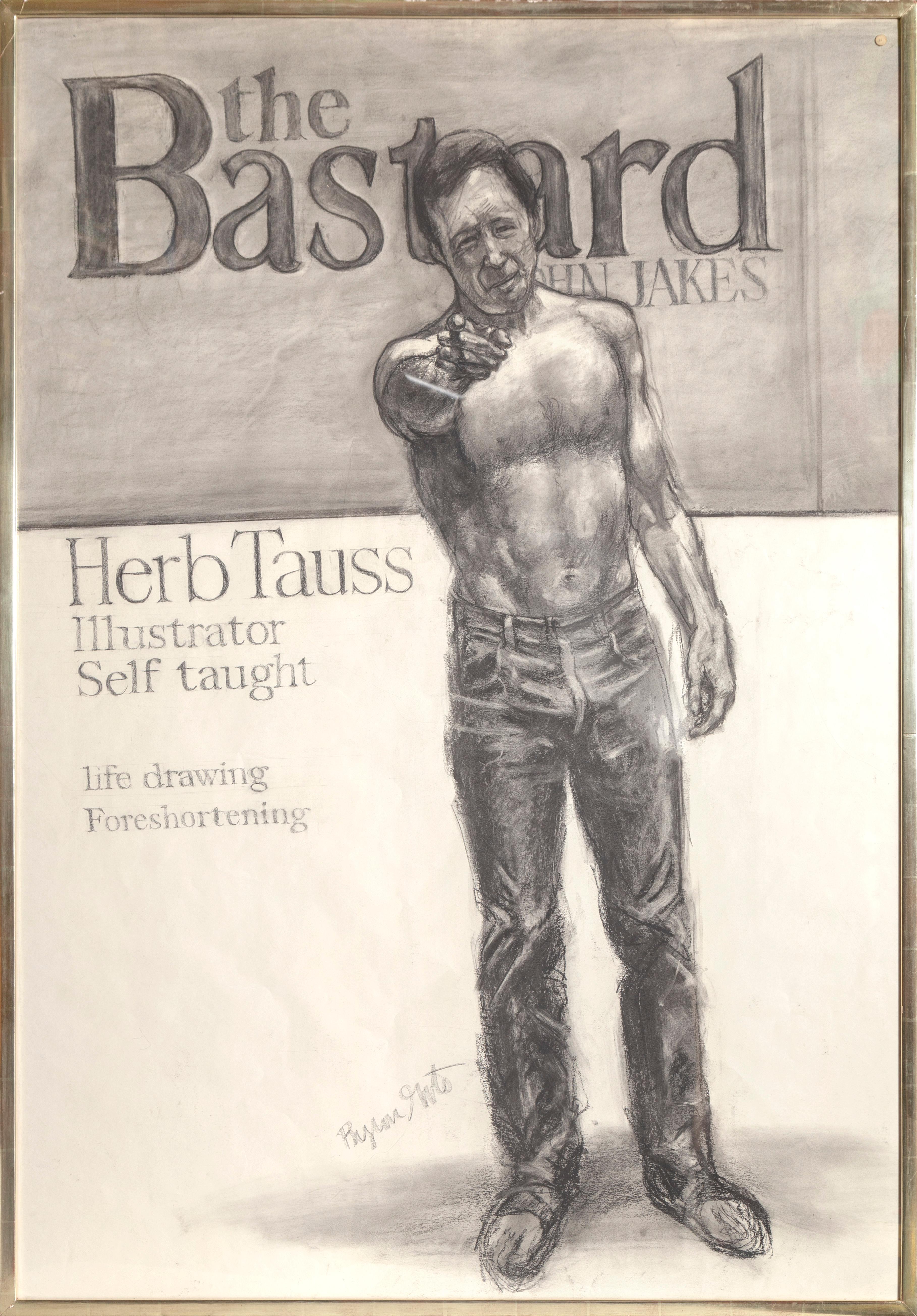 Artist: Byron Goto
Title: Portrait of Herb Tauss
Year: circa 1975
Medium: Charcoal on Paper, signed
Paper Size: 62 x 42 in. (157.48 x 106.68 cm)
Frame Size: 64 x 44 inches