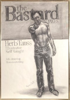 Portrait d'Herb Tausss, dessin au fusain sur papier d'archives par Byron Goto