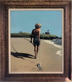 Vintage Boy with Fish, Oil Painting on Board by Thomas Kerry