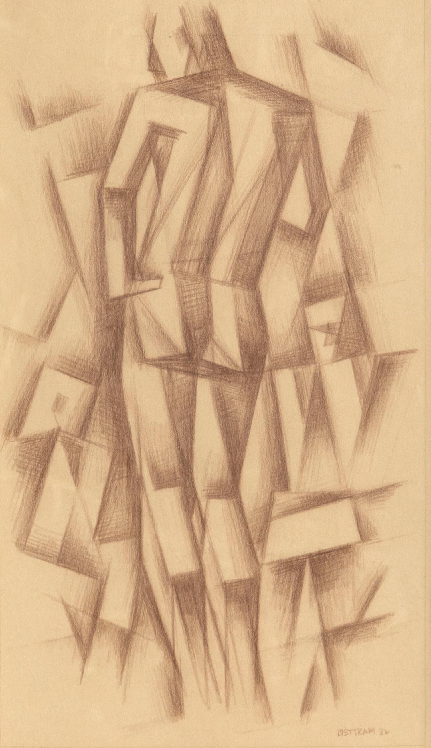 Emil Bisttram Portrait - Standing Figure, Cubist Drawing by Emil Bissttram