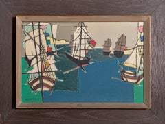 Vintage All the Ships at Sea, Cubist Oil Painting by Nancy D. Warfield