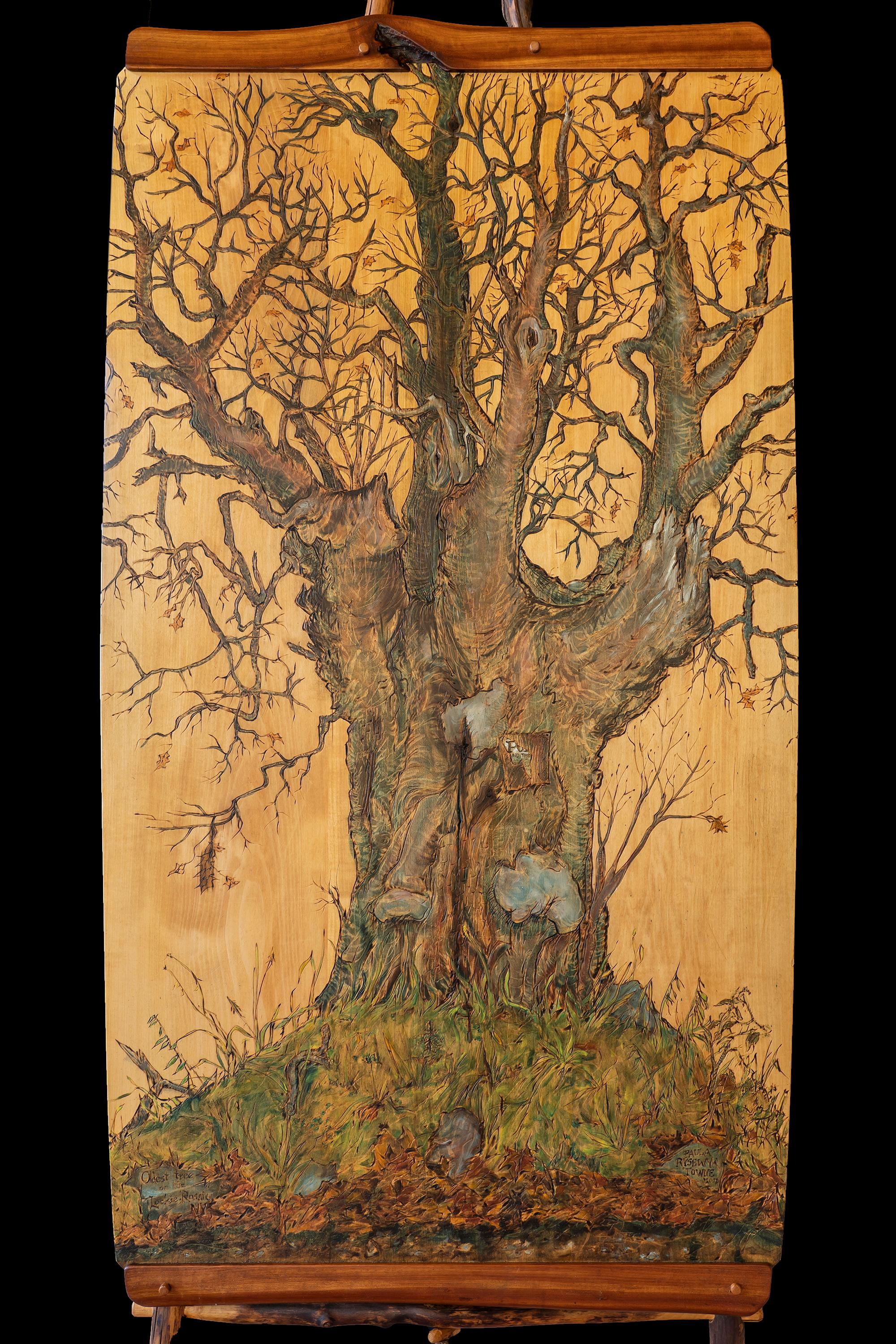 Oldest Tree on the Lockie Road, Rossie New York, Acrylic on Wood by Paula Towne