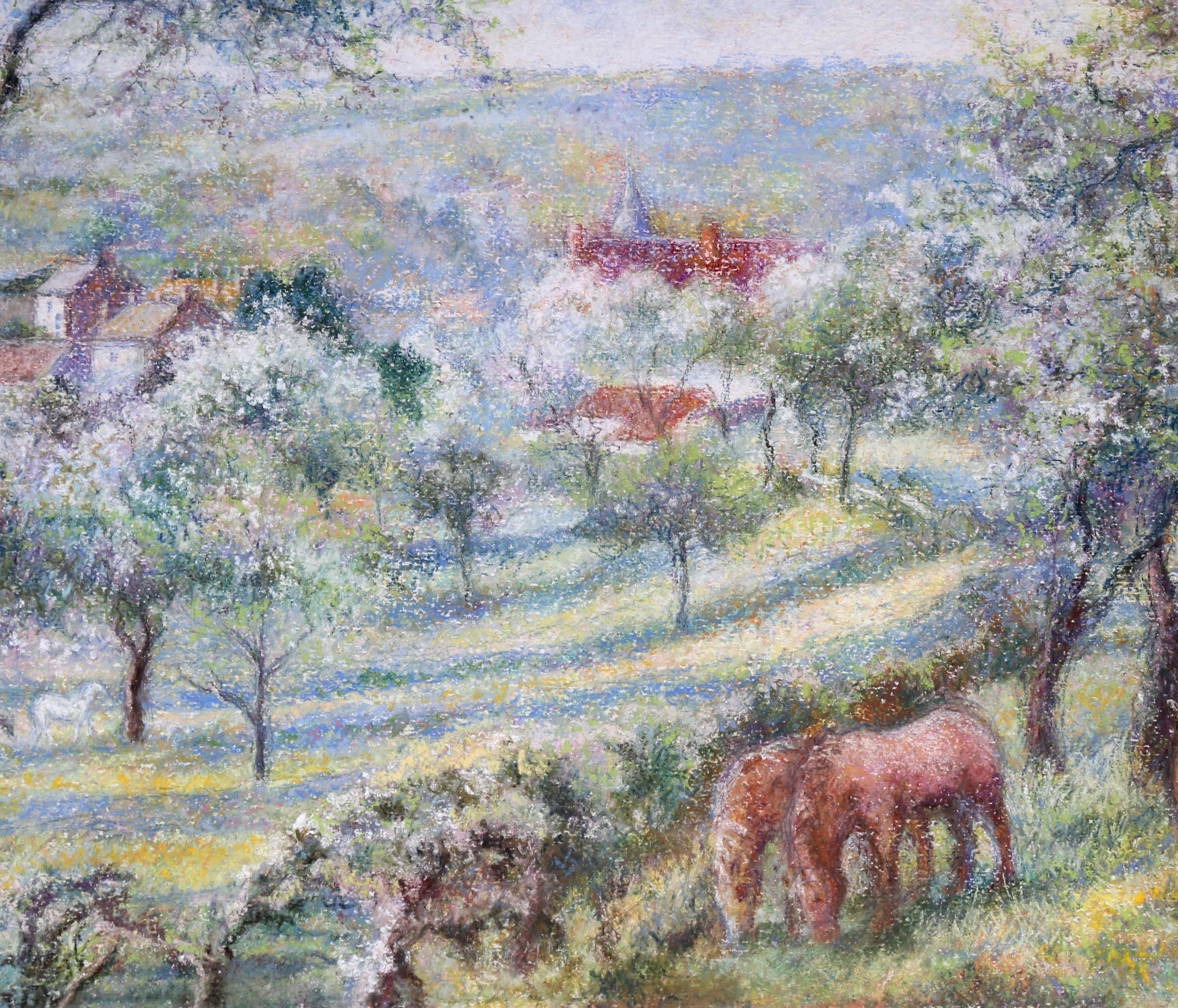 French Landscape with Horses and Ladies, Pastel Drawing by Hughes Pissarro - Art by Hughes Claude Pissarro