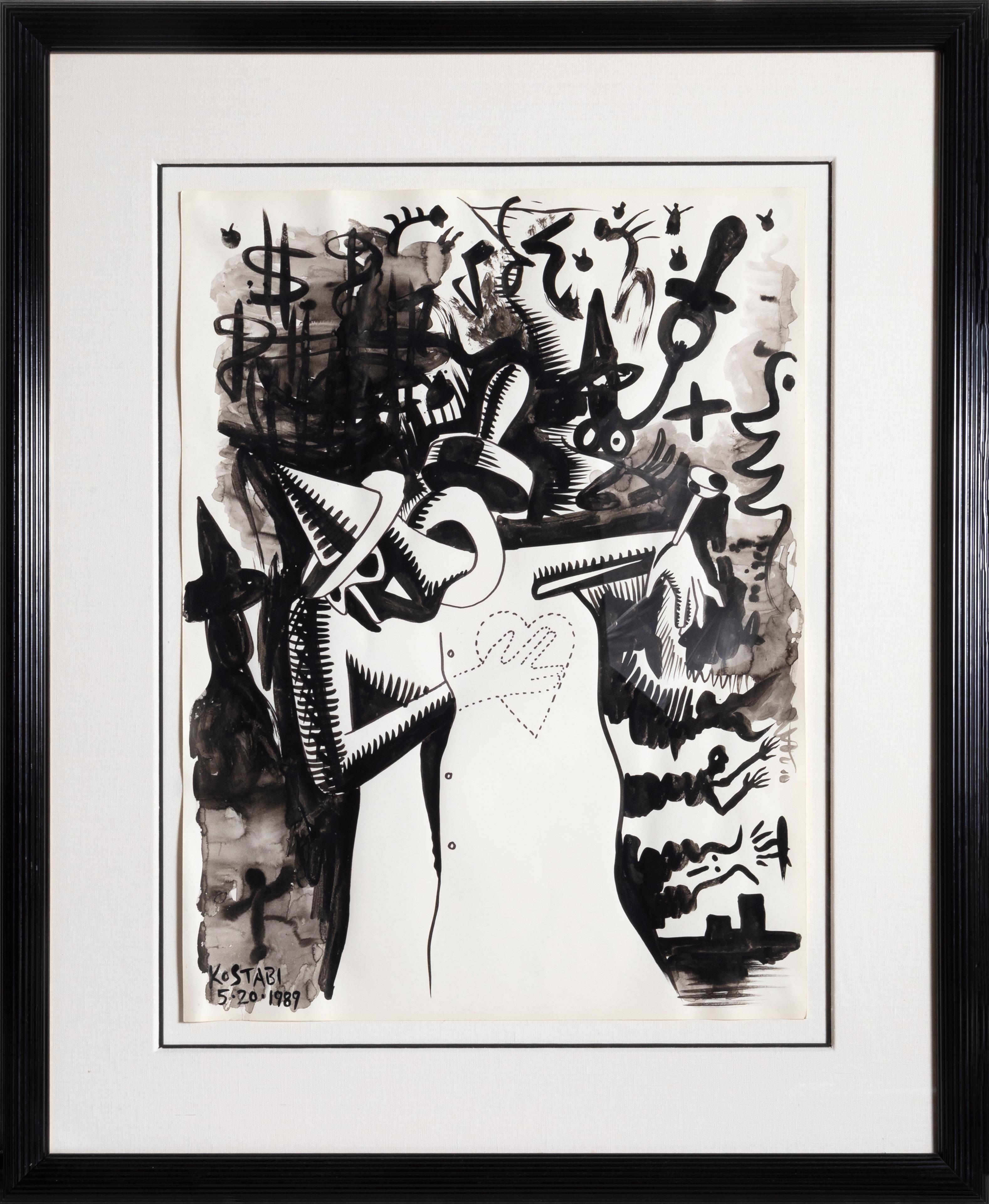 Figure with Heart, Drawing by Mark Kostabi 1989