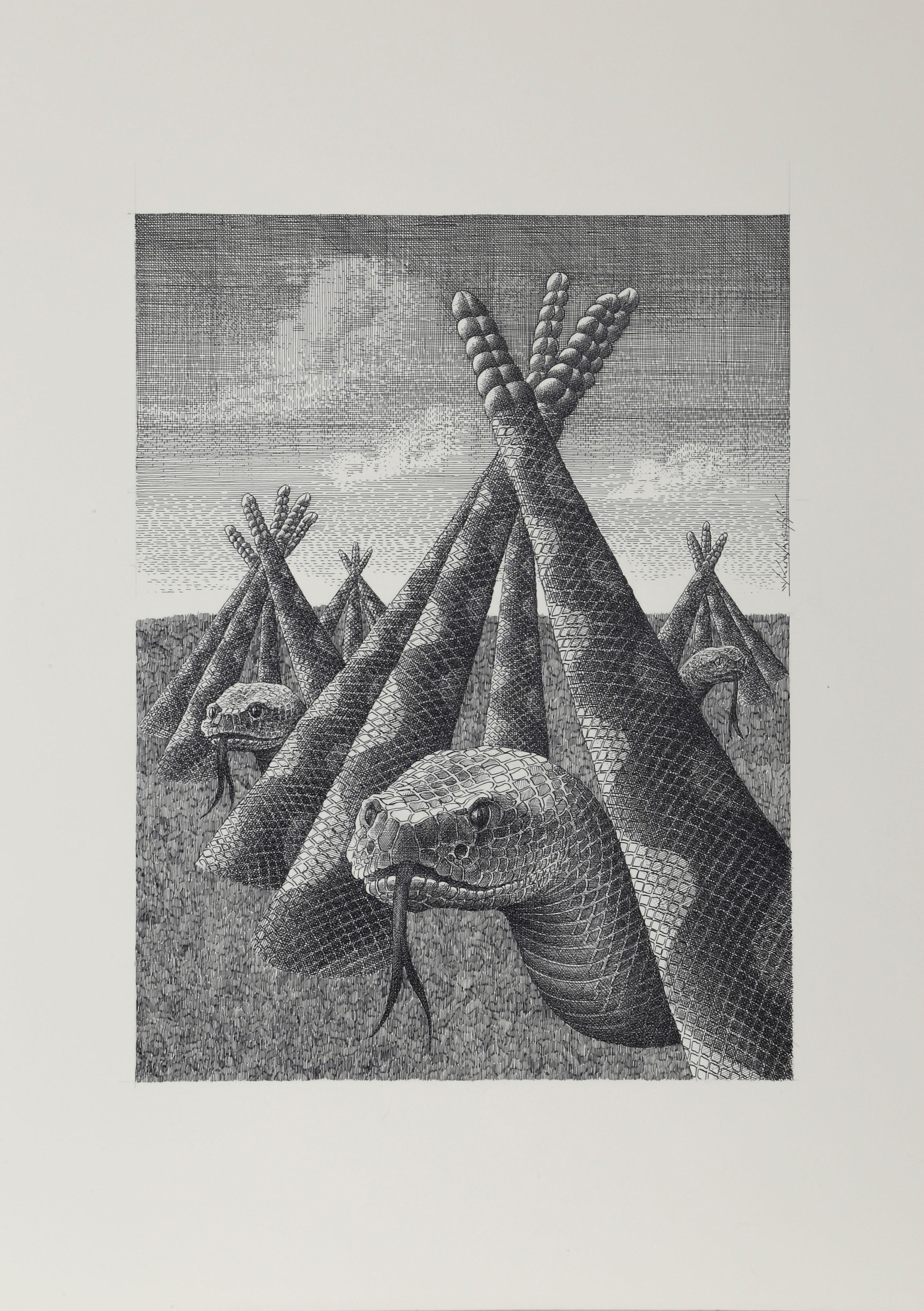 Snakes, Surrealist Ink Drawing by Wojtek Kowalczyk