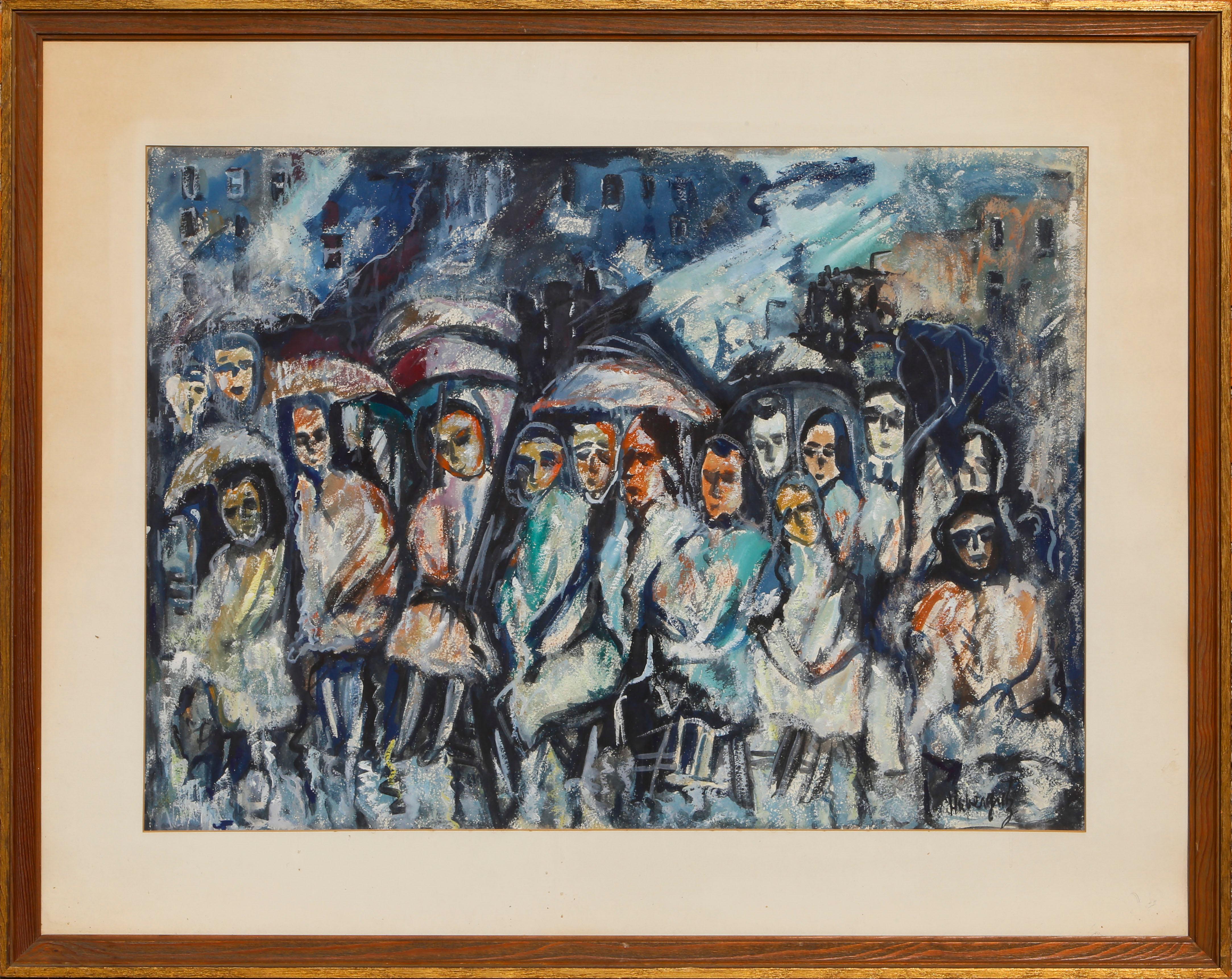 A crowd of people that stretches into infinity, all tinged blue, huddle under umbrellas during a storm and face the viewer. Given the title, it is implied that the viewer stands in the place of the musician(s) at this concert, staring out at the