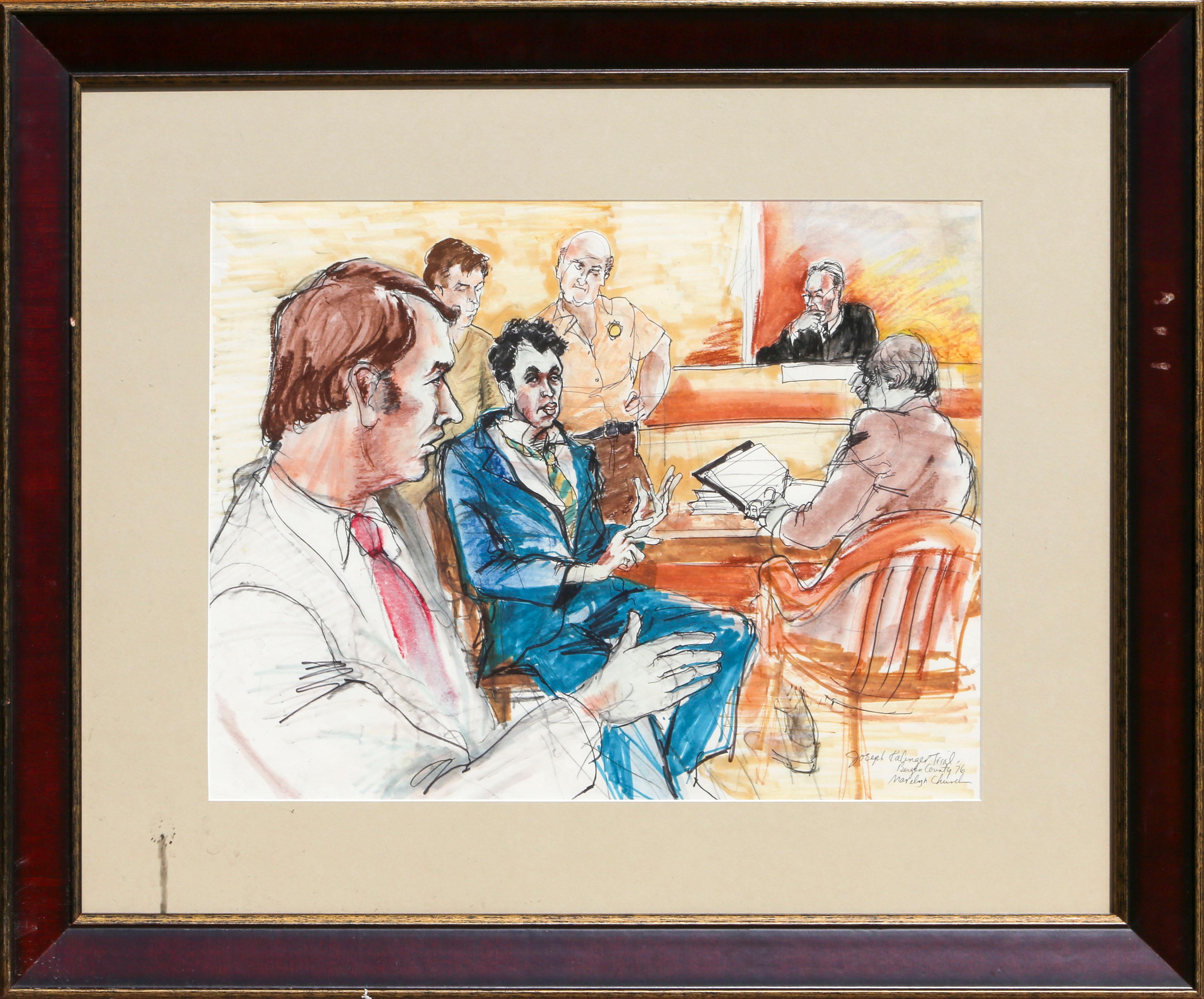 This drawing depicts a moment from one of the longest trials in US history, when Jean Harris, a headmistress of a school for girls in Virginia, was tried for 14 weeks for the murder of her ex-lover, Herman Tarnower. Harris was eventually convicted
