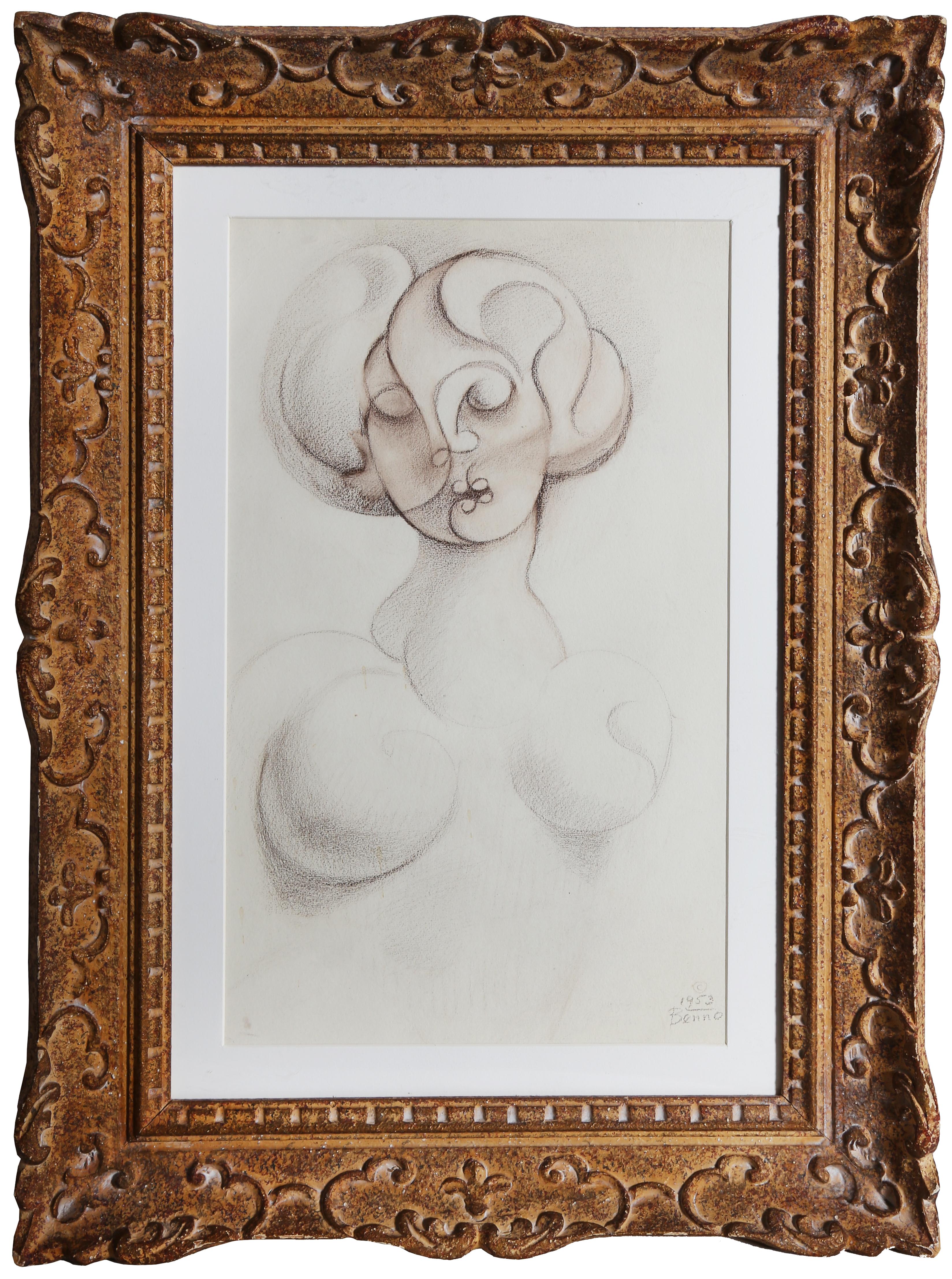 Portrait of a Woman, Cubist Charcoal and Pastel Drawing by Benjamin Benno