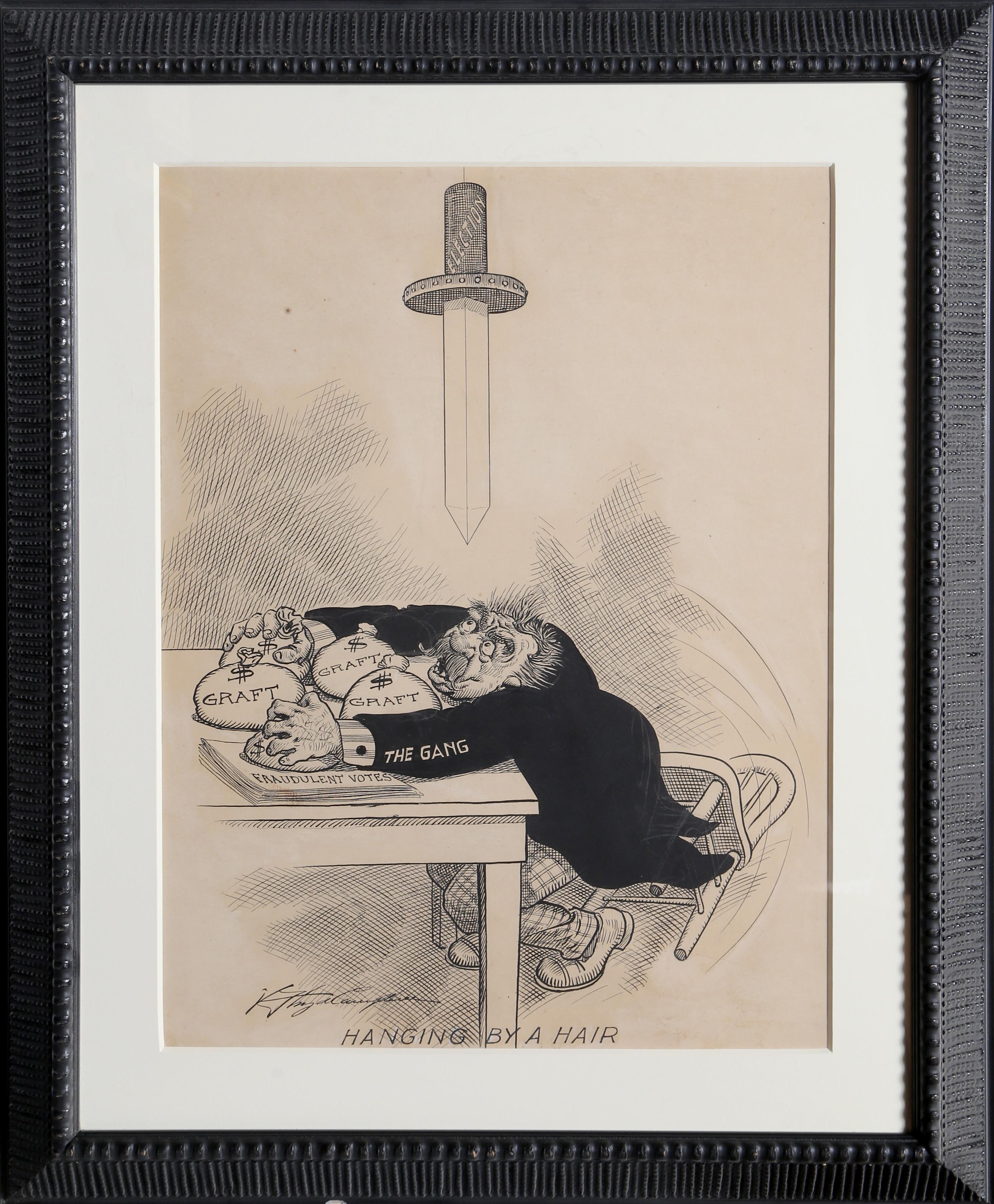 Unknown Figurative Art – Hängend an einem Haar, Politische Satire-Illustration 1902