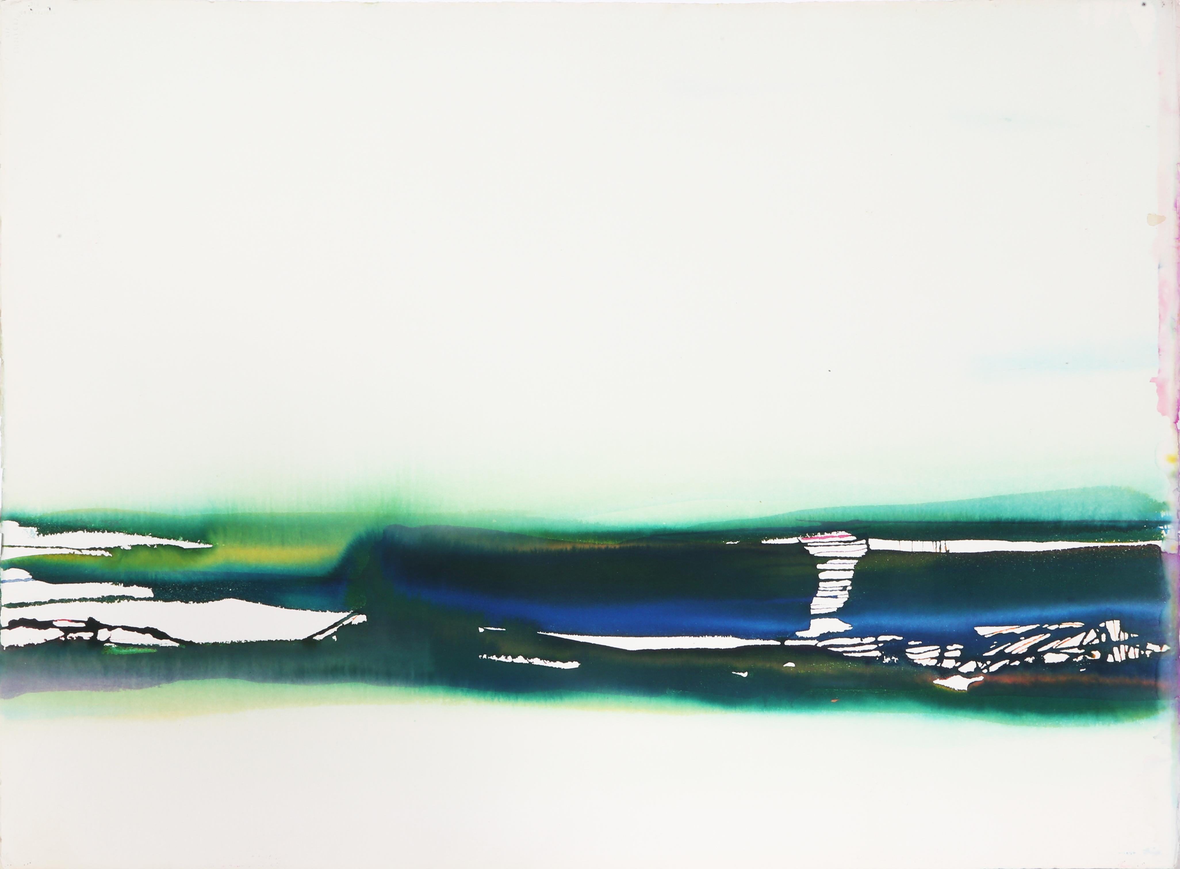 An abstract green and blue swipe of color across the horizontal axis of a page. This ink on paper piece by Geri Taper is stamped and signed on the verso.

Stream
Geri Taper, American (1929–2004)
Ink on Arches, stamped and signed on verso
Size: 22 x
