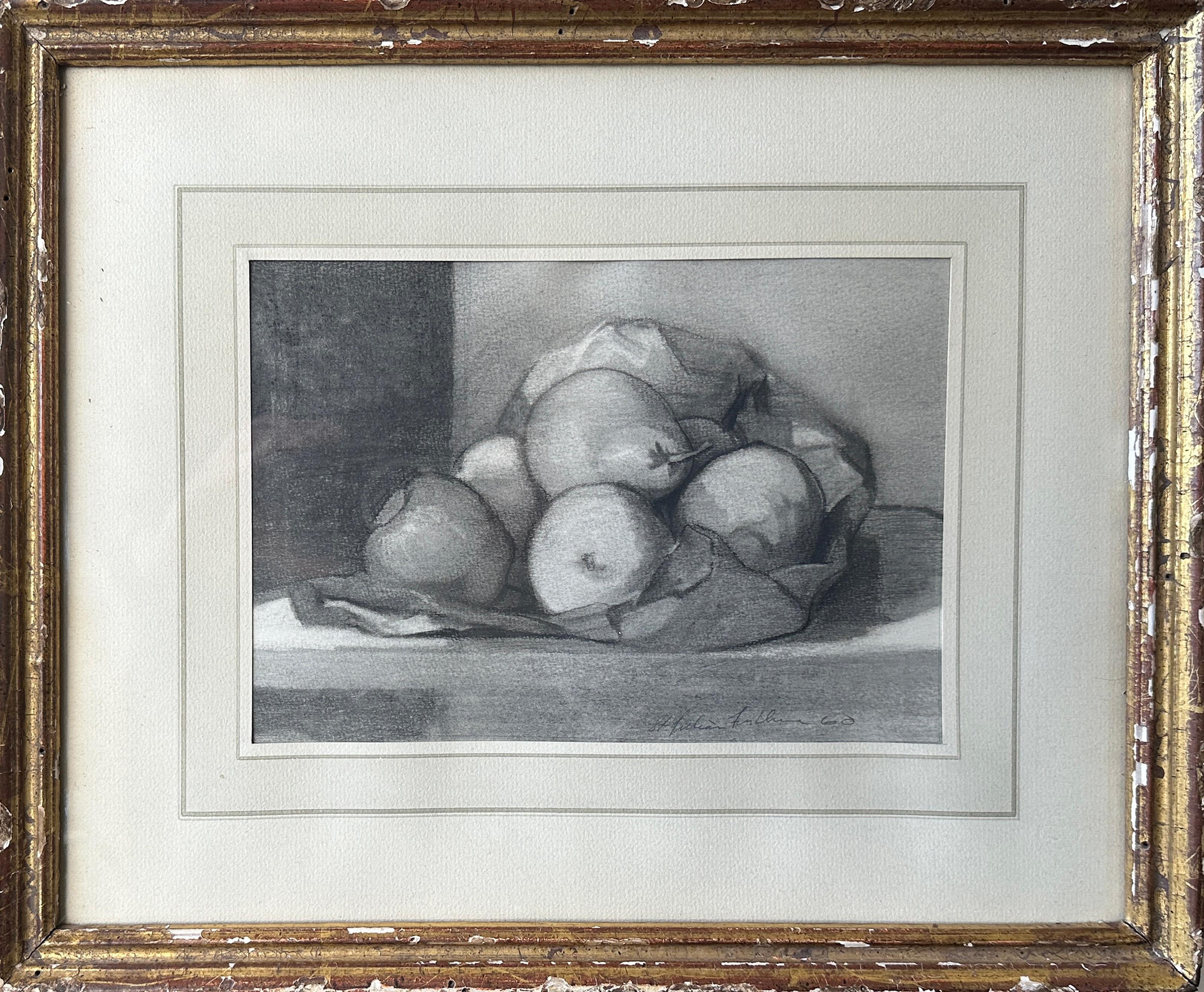 This is a charcoal on paper still life is by St. Julin Fishburn. It features a simple pile of fresh pears atop a paper bag.

Still Life
St. Julian Fishburne, American (1927–2011)
Date: 1960
Charcoal on paper, signed
Size: 6.13 x 9 in. (15.56 x 22.86