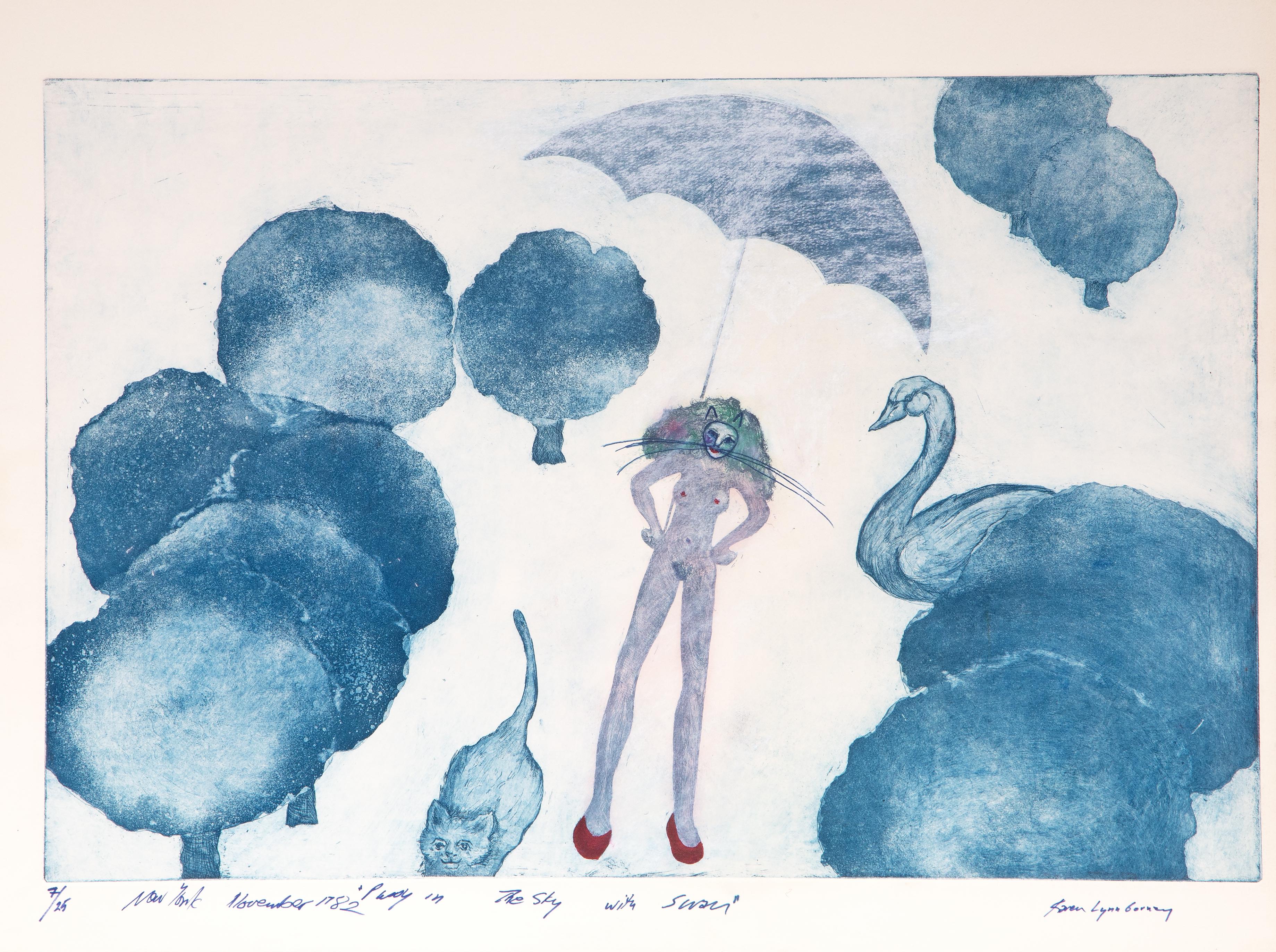 Chatte dans le ciel avec le cygne
Karen Lynn Gorney, Américaine (1945)
Gravure, aquarelle, pastel et encre sur Arches, signée, titrée et numérotée au stylo
Edition du 25 juillet
Taille de l'image : 17.75 x 26.75 pouces
Taille : 55,88 x 76,2 cm (22 x