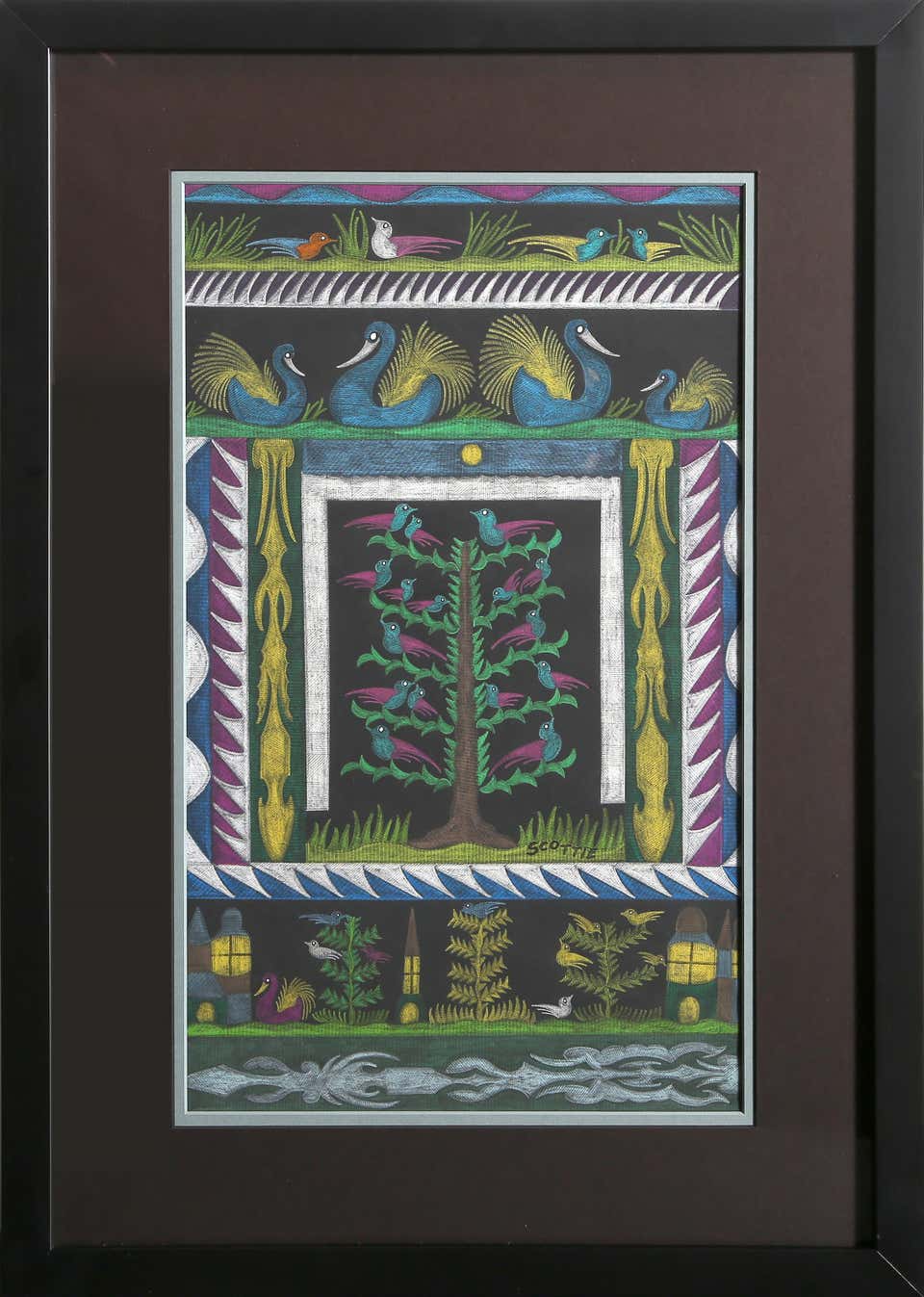 Blue Swans, Folk Art Colored Pencil Drawing on Paper by Scottie Wilson