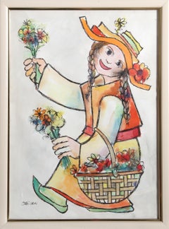Donna con fiori, acquerello folk di Jovan Obican