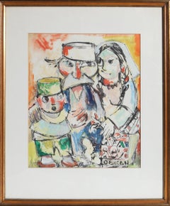 Family, Signed Watercolor and Ink on Paper Folk Art by Jovan Obican