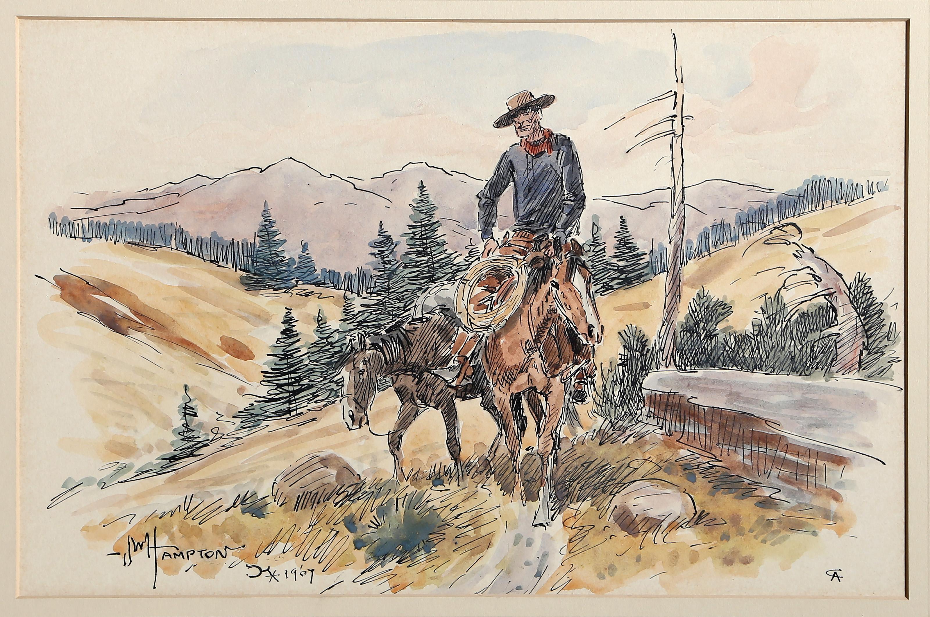 Mountain Trail, Impressionist Ink and Watercolor Painting by John Wade Hampton