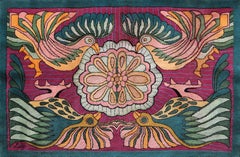Four Birds, Large Colorful Folk Art Tapestry by Victor Delfin
