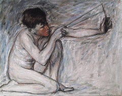 Junger Mann mit Steinschleuder, moderne Pastellzeichnung auf Papier von Rod Judkins