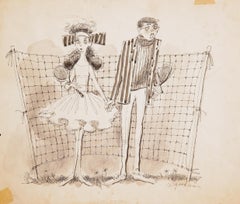 Tennis Couple II, Folk Art Ink Drawing on Paper von Marshall Goodman
