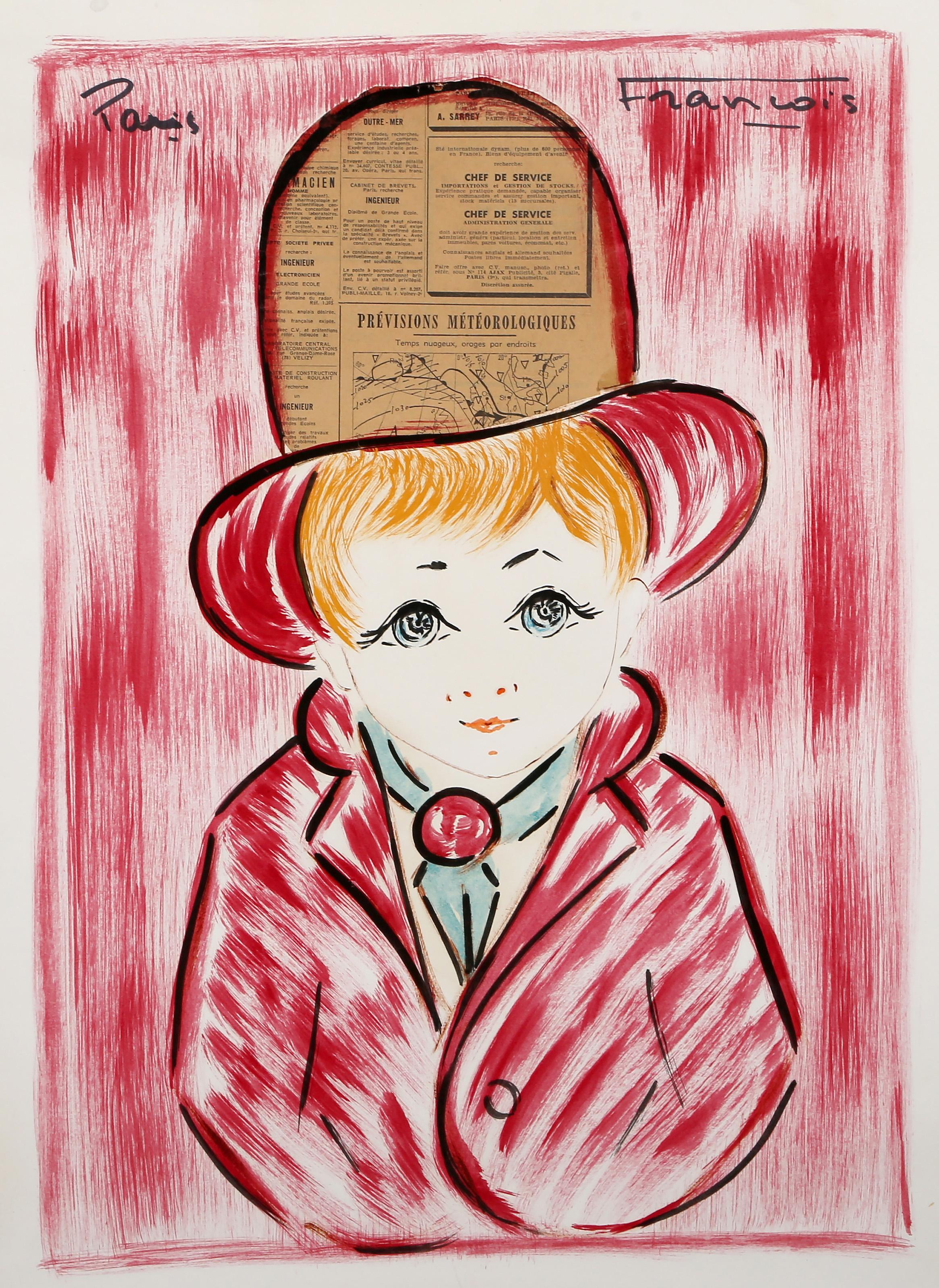 Portrait de Francois Paris - Chico de rojo, pintura acrílica moderna y collage sobre papel de François Paris