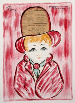 Chico de rojo, pintura acrílica moderna y collage sobre papel de François Paris