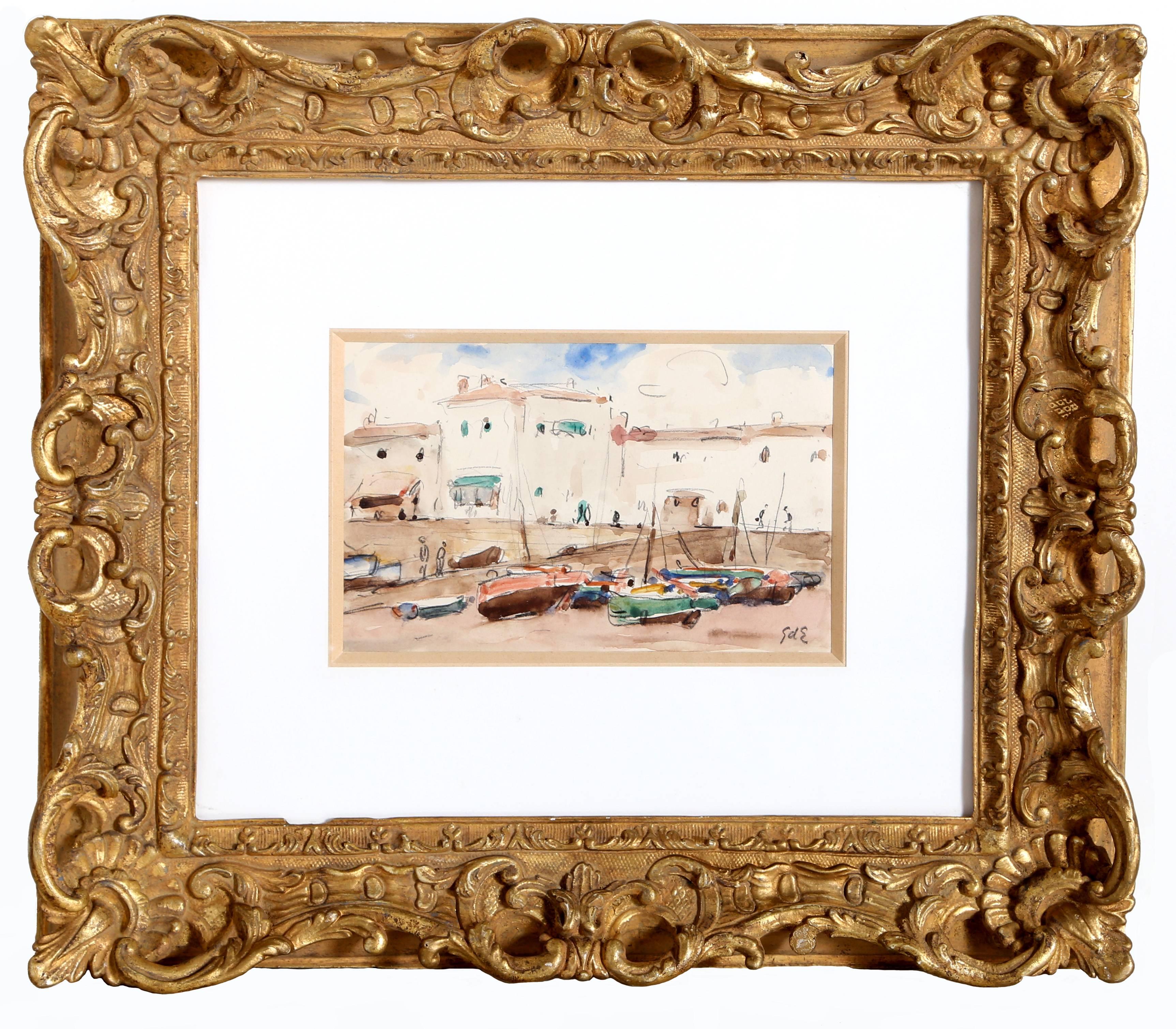 Georges D'Espagnat Figurative Art - Boats on the Shore, Impressionist Watercolor Painting by Georges d'Espagnat