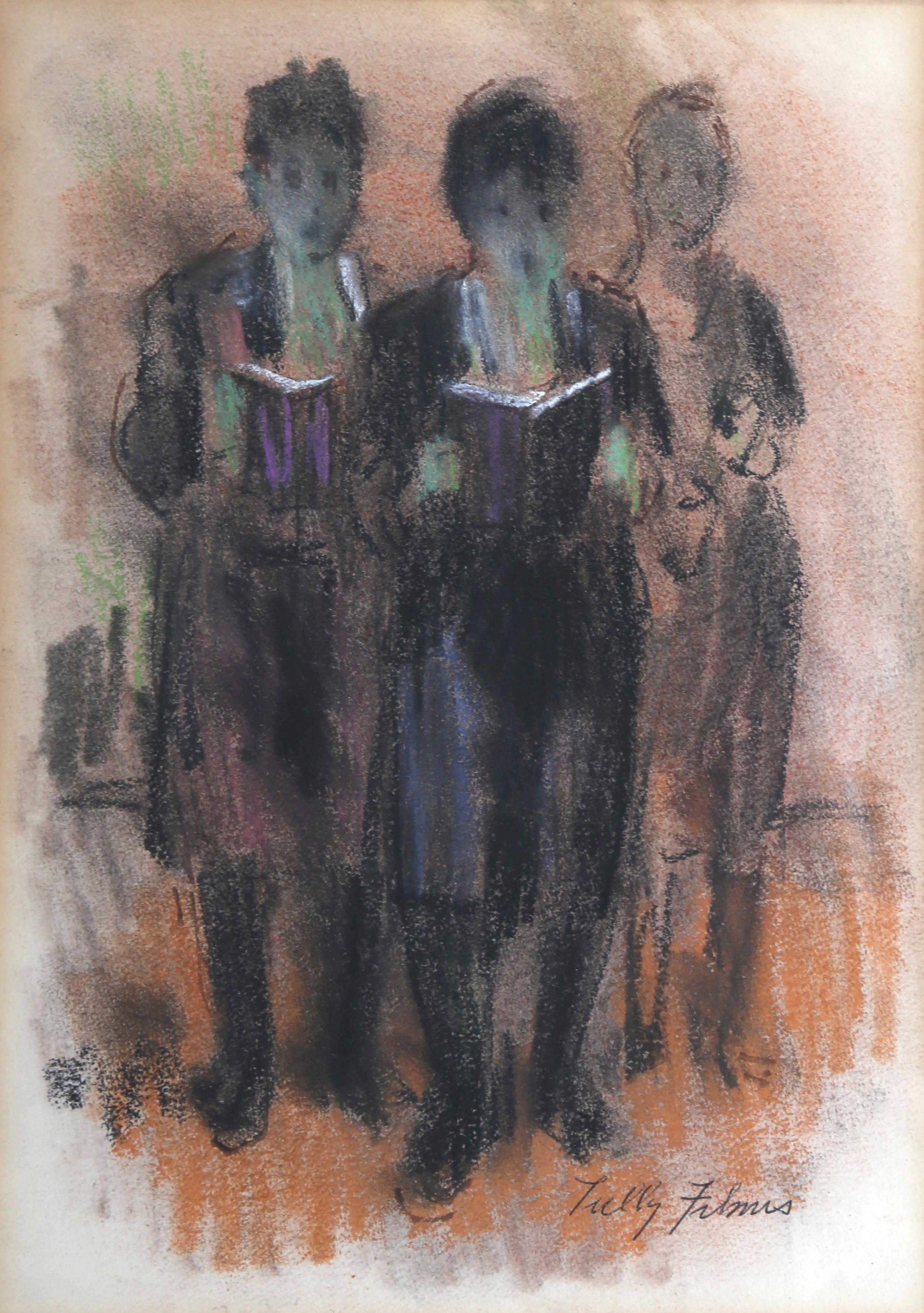 Die drei Figuren, die den Torah lesen, jüdische Zeichnung von Tully Filmus