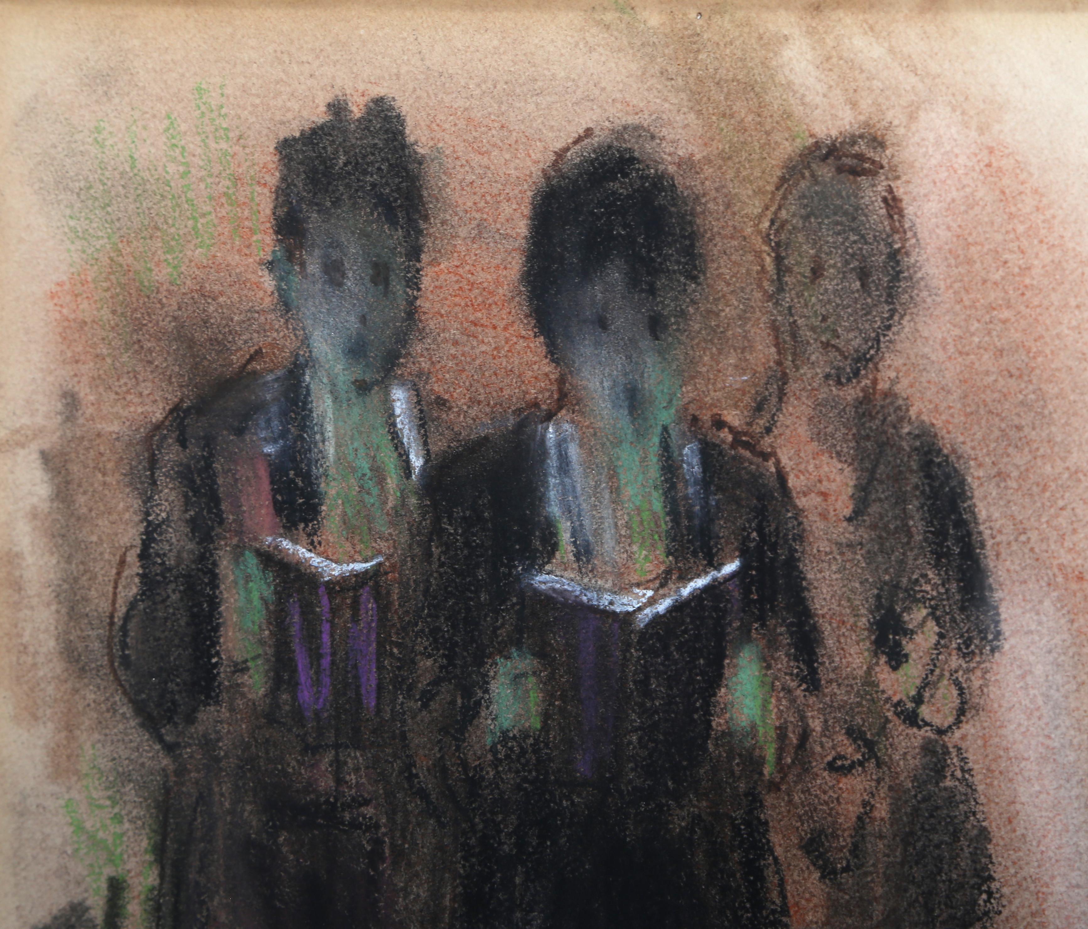 Drei Figuren beim Lesen des Torah, gerahmte Judaica-Zeichnung von Tully Filmus im Angebot 2