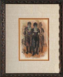 Three Figures Reading the Torah, Framed Judaica Drawing by Tully Filmus