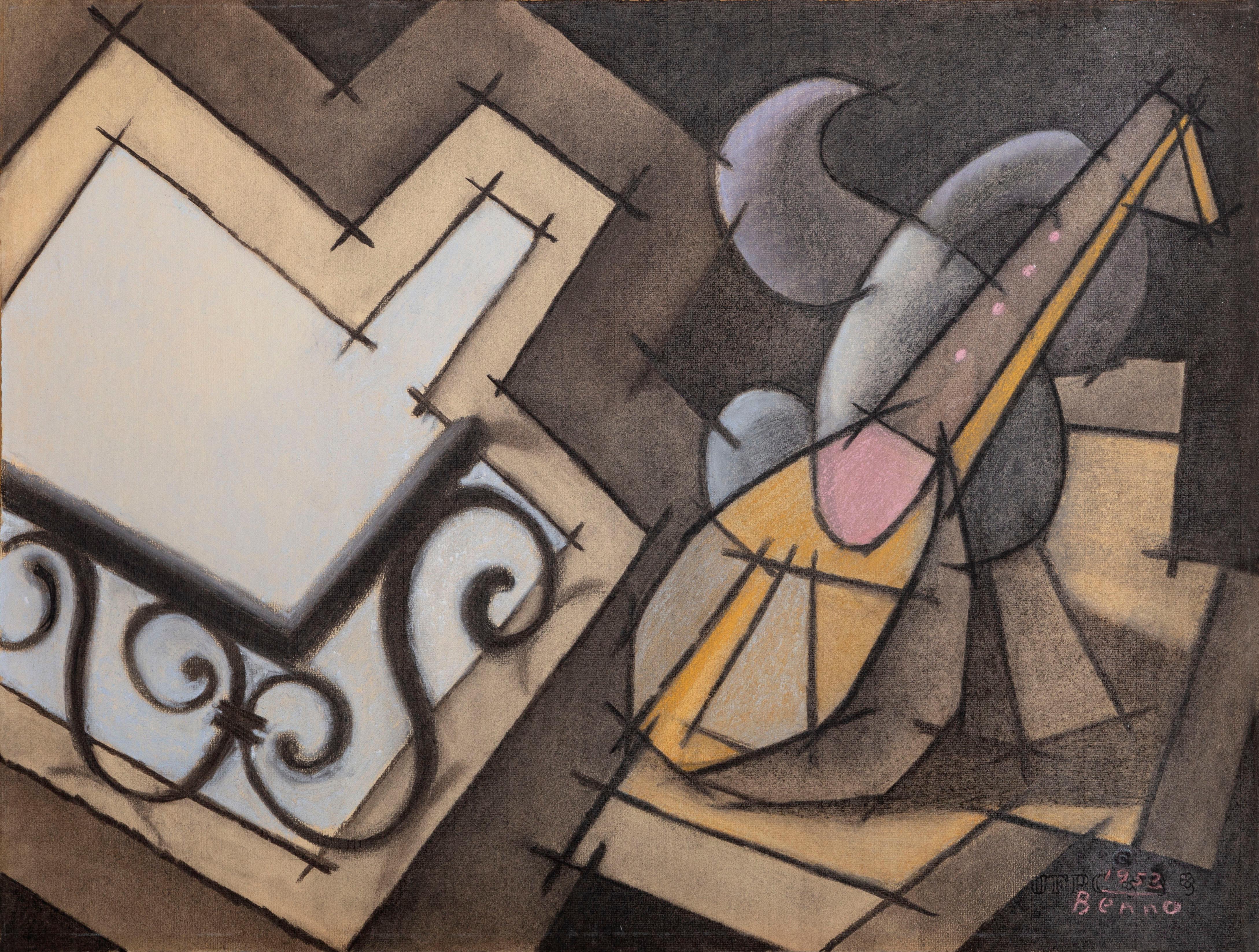 Bodegón con mandolina, dibujo cubista moderno de Benjamin Benno 1953