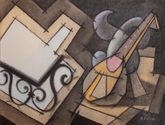 Still Life with Mandolin, Modern Cubist Drawing by Benjamin Benno 1953