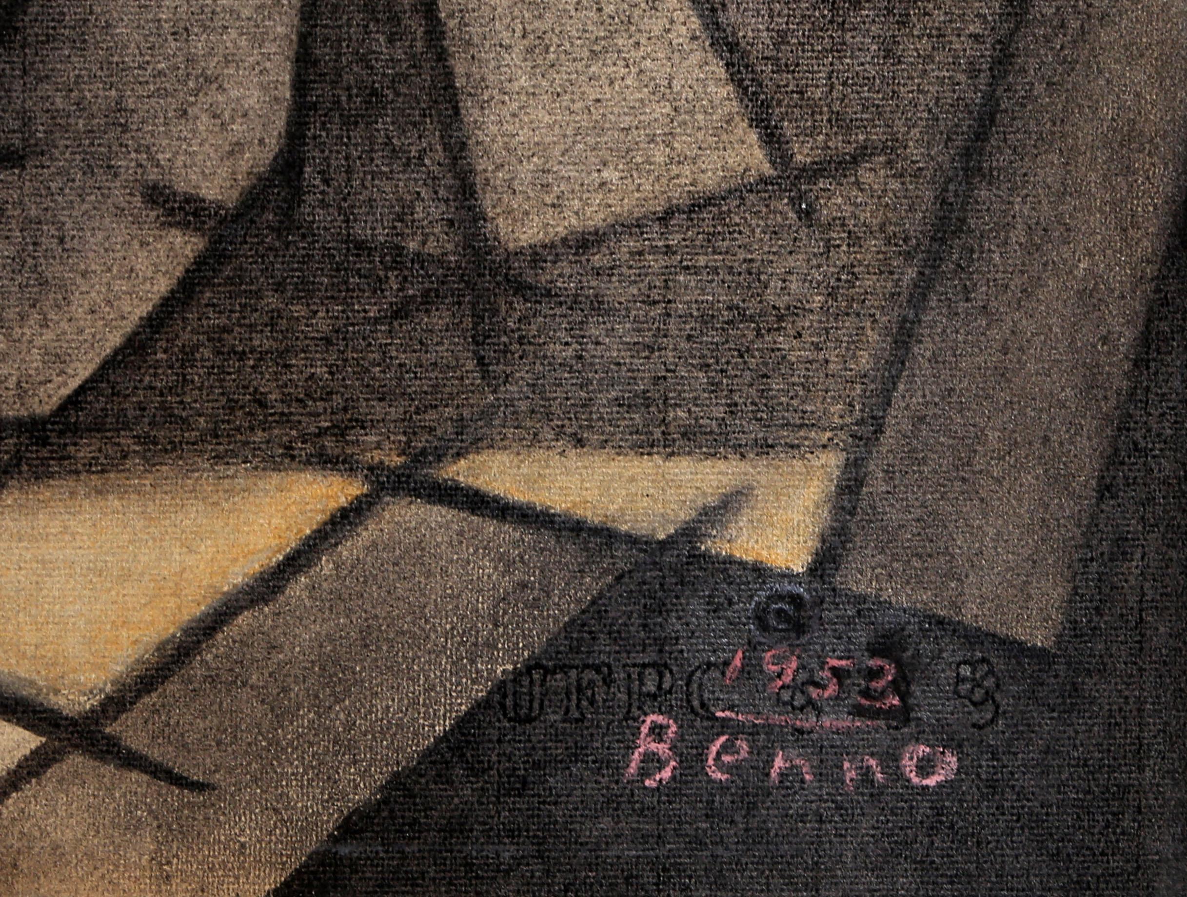 Stillleben mit Mandolin, moderne kubistische Zeichnung von Benjamin Benno 1953 (Schwarz), Still-Life, von Benjamin G. Benno