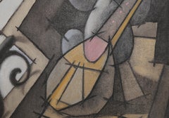 Still Life with Mandolin, Modern Cubist Drawing by Benjamin Benno 1953