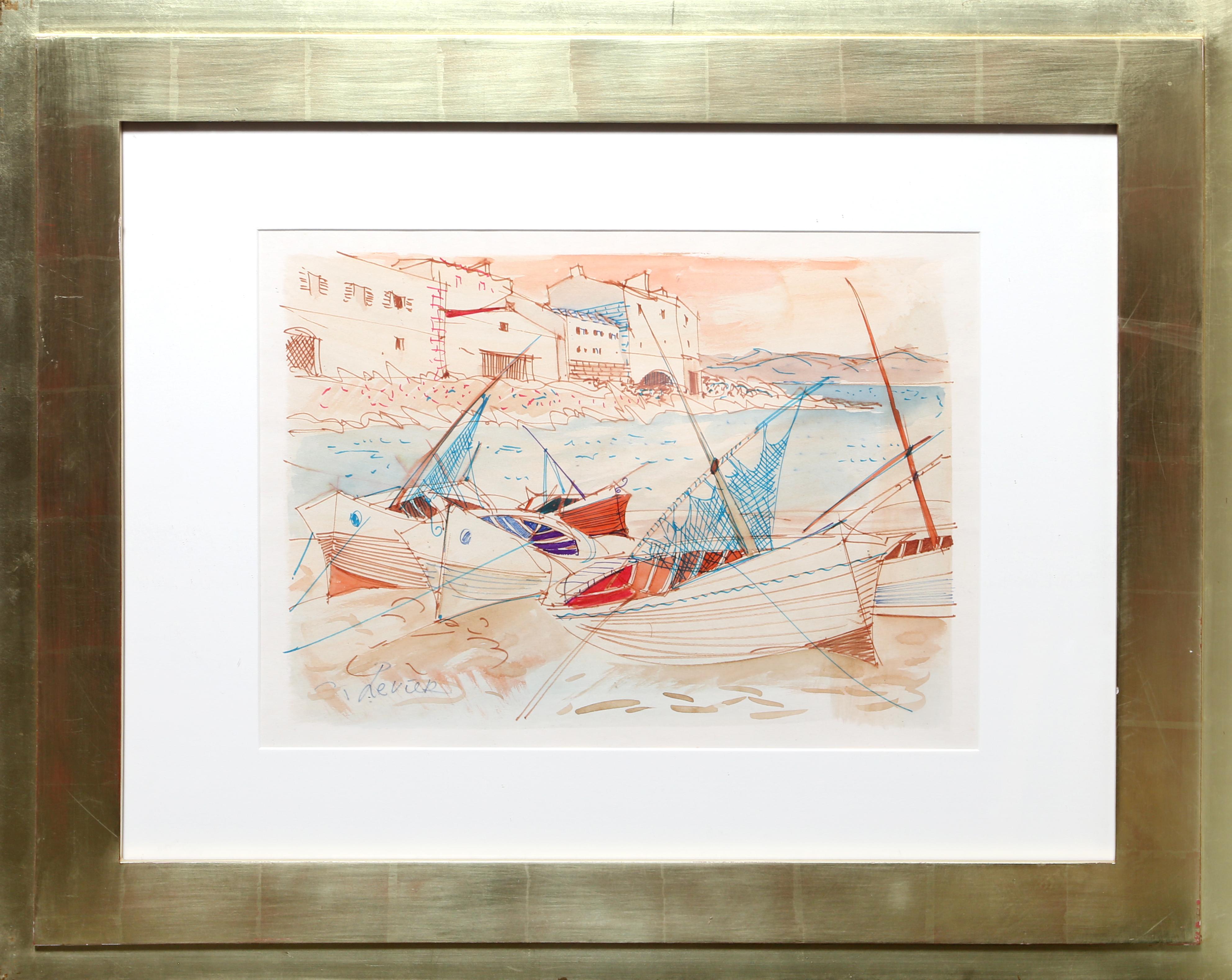 Sailboats at Shore by Charles Levier, French (1920–2003)
Date: circa 1965
Watercolor on Paper, signed l.r.
Image Size: 11 x 16 inches
Size: 19.5 x 25 in. (49.53 x 63.5 cm)
Frame: 24 x 30 inches