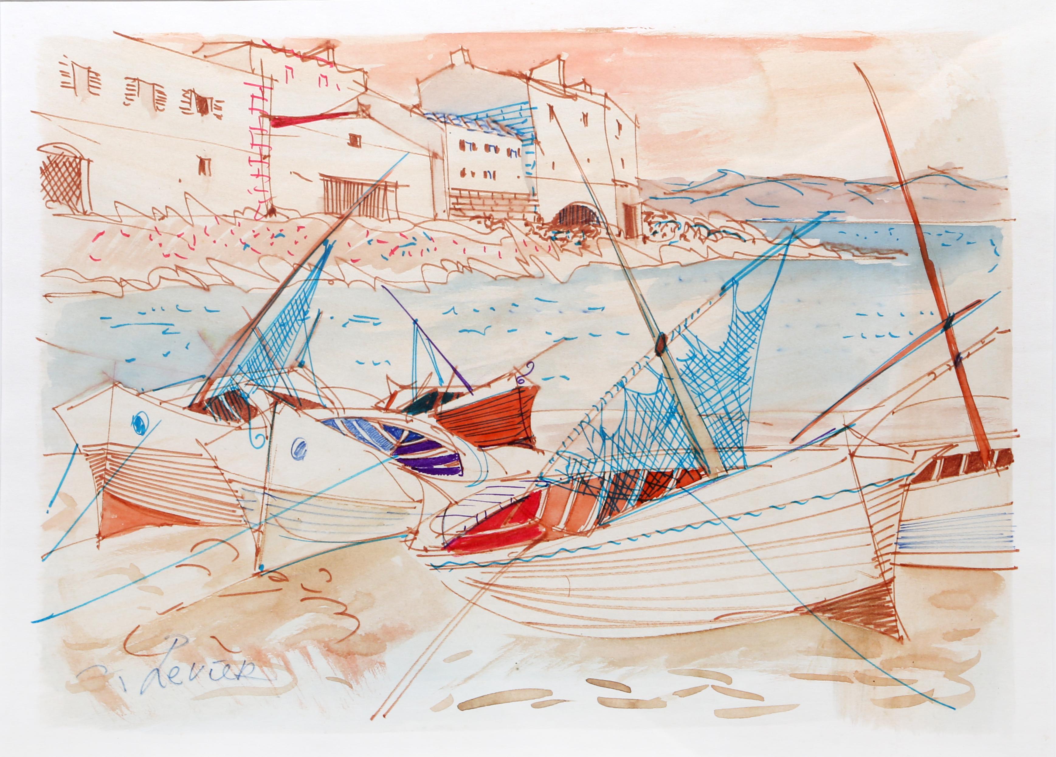 Sailboats at Shore, Watercolor by Charles Levier For Sale 2