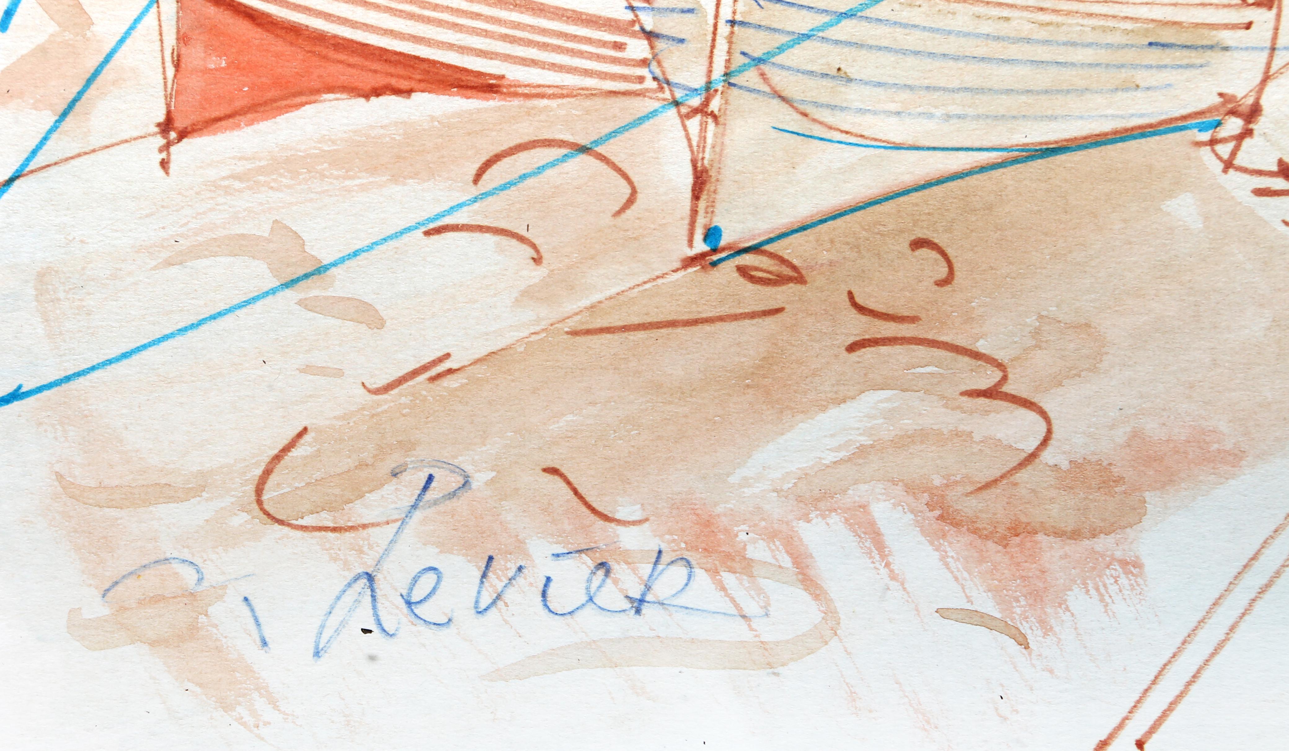 Sailboats at Shore, gerahmtes modernes Aquarell von Charles Levier im Angebot 3