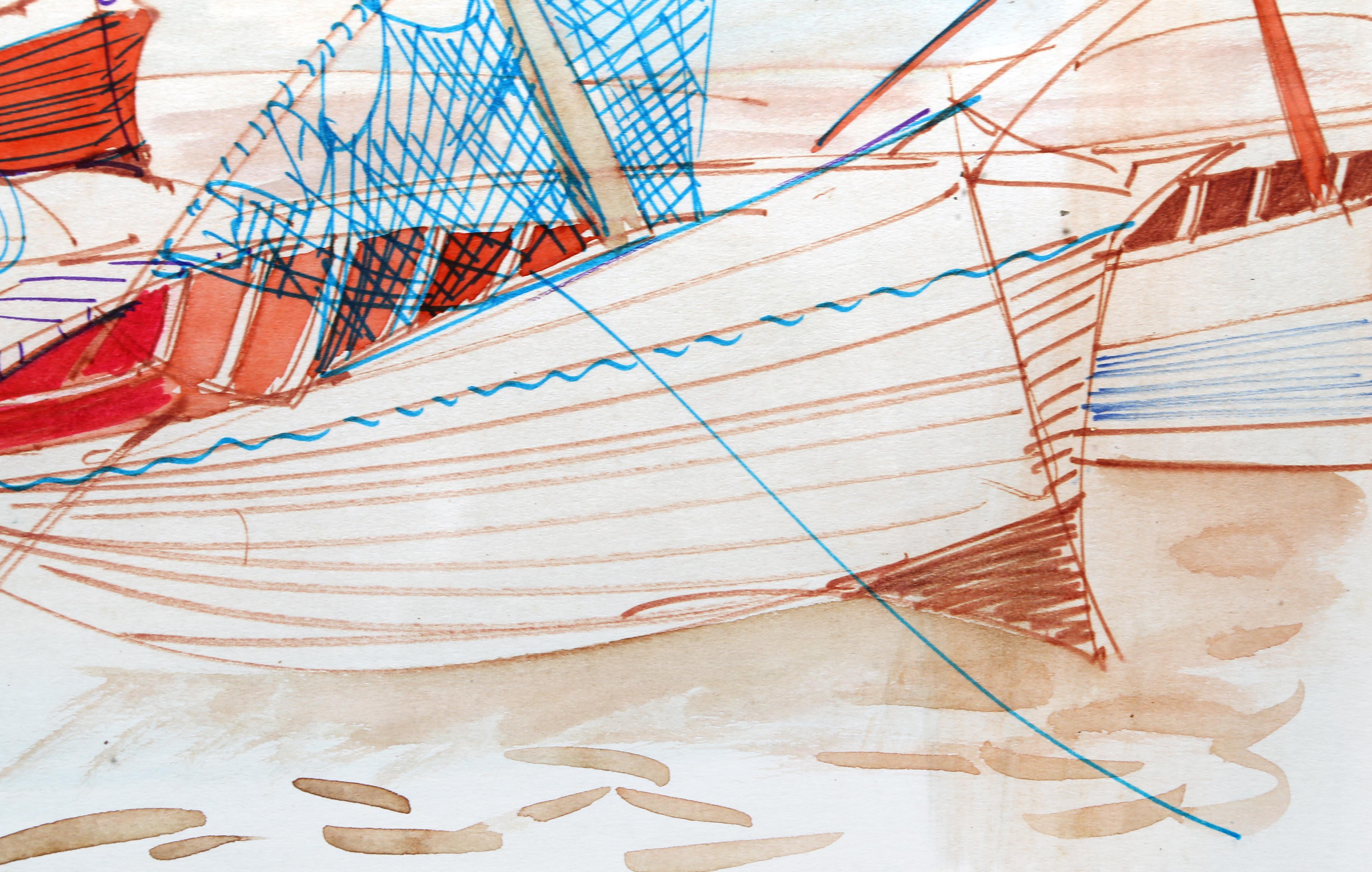 Aquarelle - « Sailboats at Shore » (Vêtements de voile sur la côte), de Charles Levier en vente 1