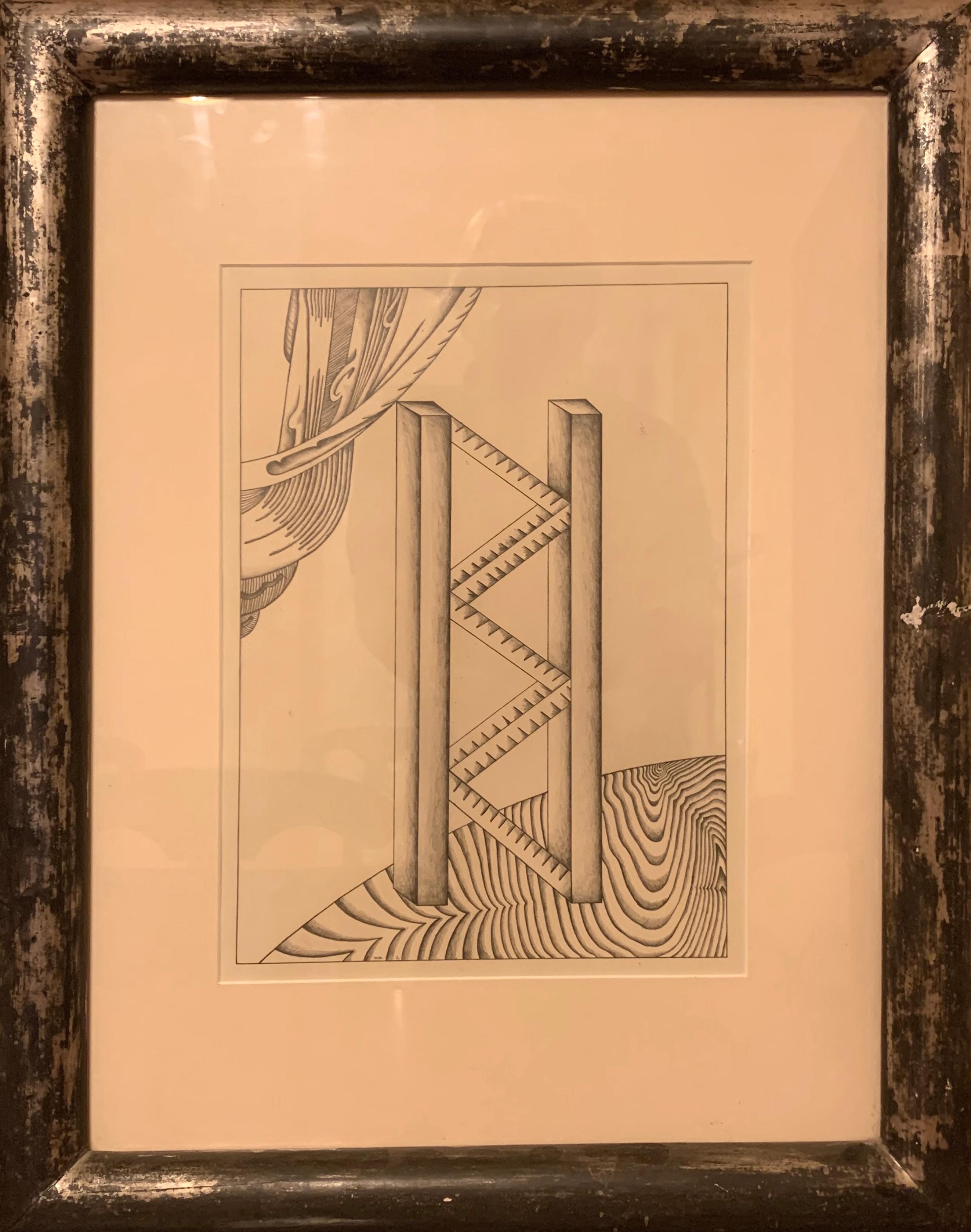 This abstract composition by William Schwedler includes several geometric forms and shapes that are placed alongside straight, angled lines.

Untitled 1
Artist:  William Schwedler, American (1942 - 1982)
Date: circa 1970
Graphite on paper
Size: 26 x